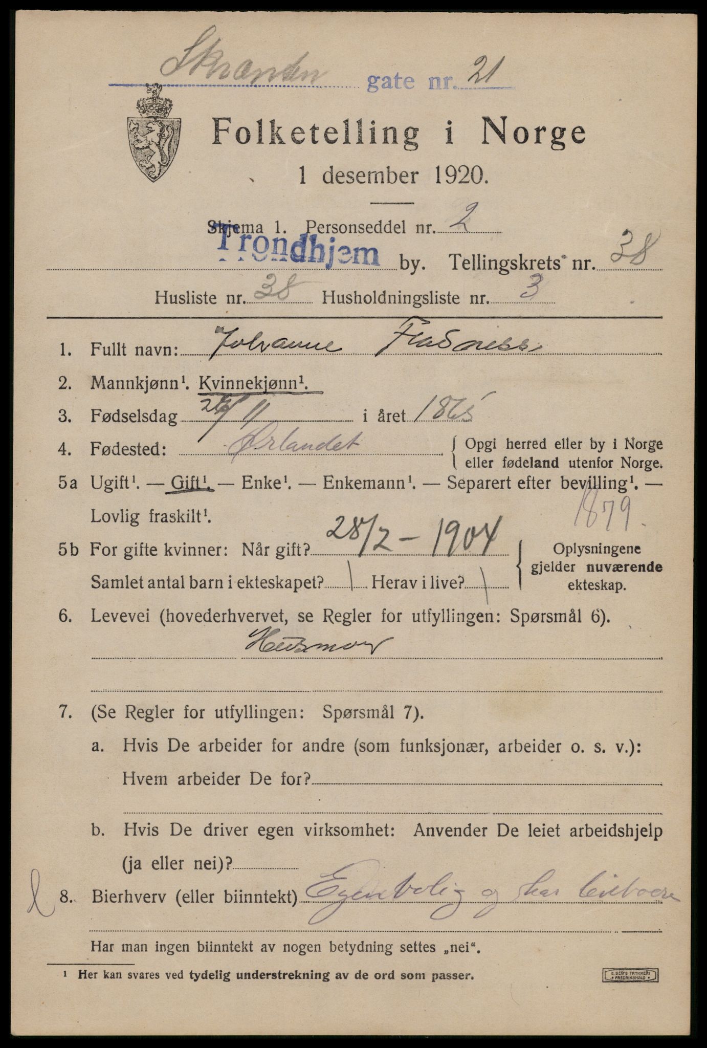 SAT, 1920 census for Trondheim, 1920, p. 87404