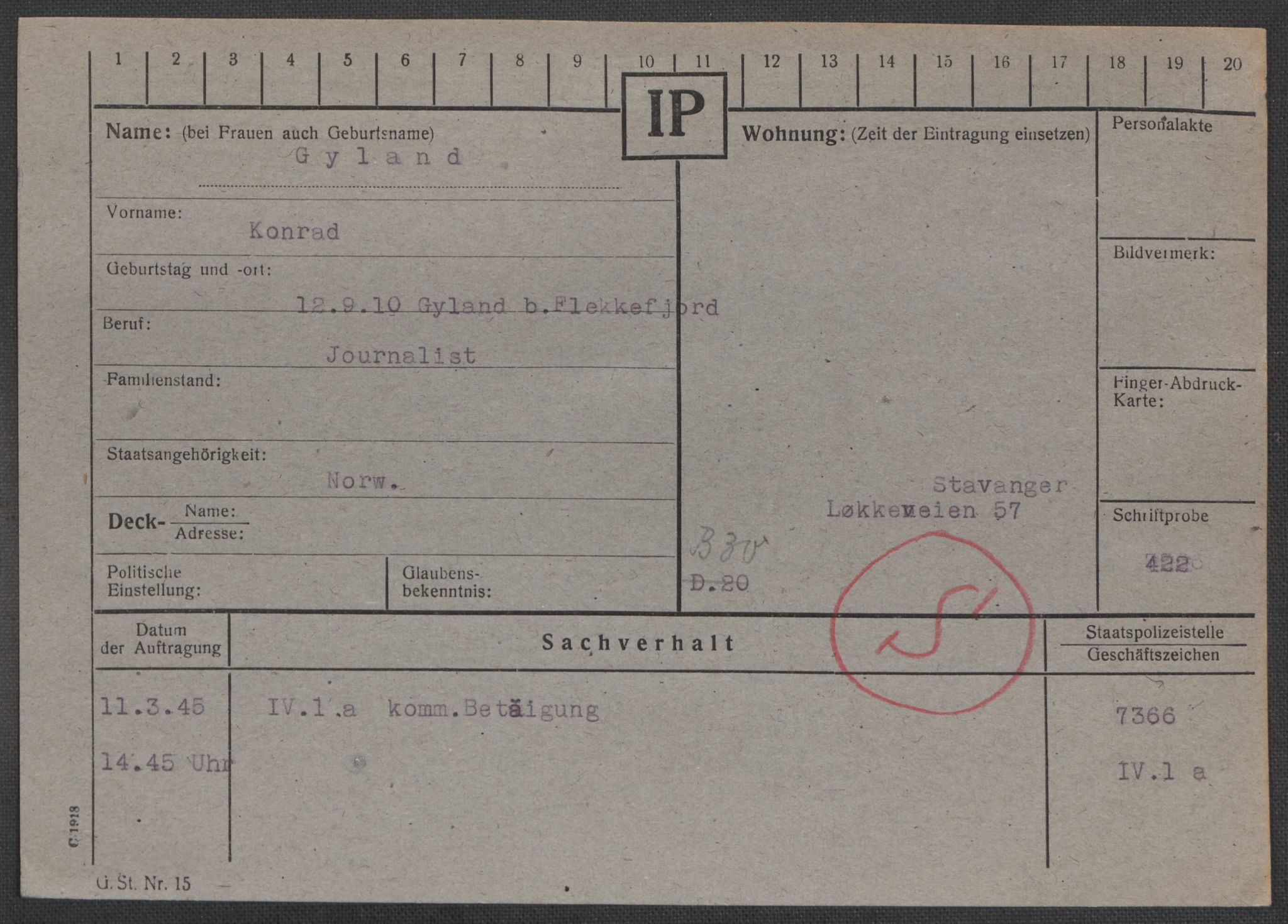 Befehlshaber der Sicherheitspolizei und des SD, AV/RA-RAFA-5969/E/Ea/Eaa/L0003: Register over norske fanger i Møllergata 19: Eng-Hag, 1940-1945, p. 1336