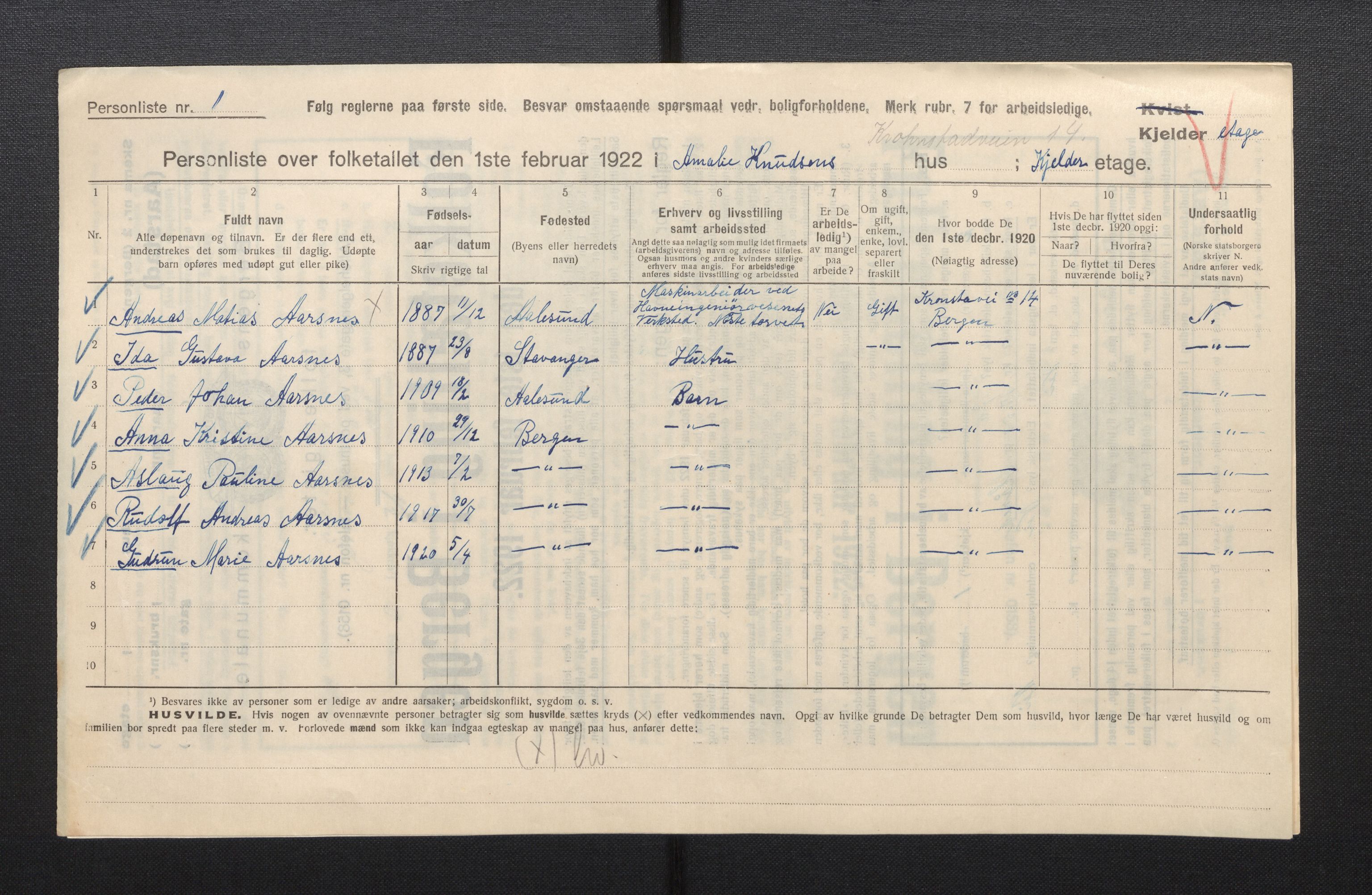 SAB, Municipal Census 1922 for Bergen, 1922, p. 54800