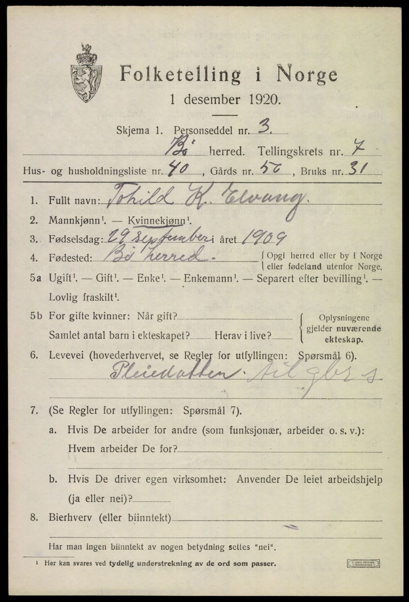 SAKO, 1920 census for Bø (Telemark), 1920, p. 5486