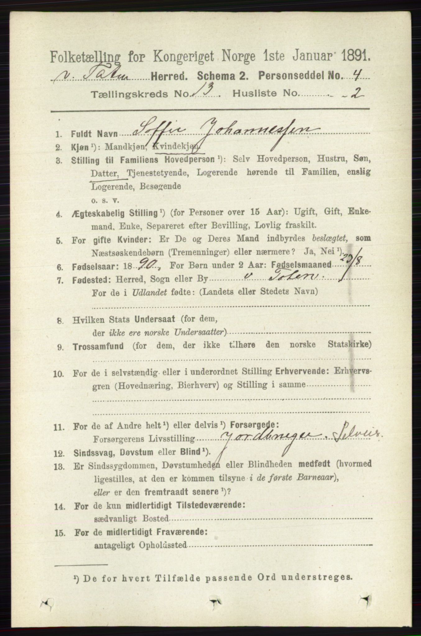 RA, 1891 census for 0529 Vestre Toten, 1891, p. 7825