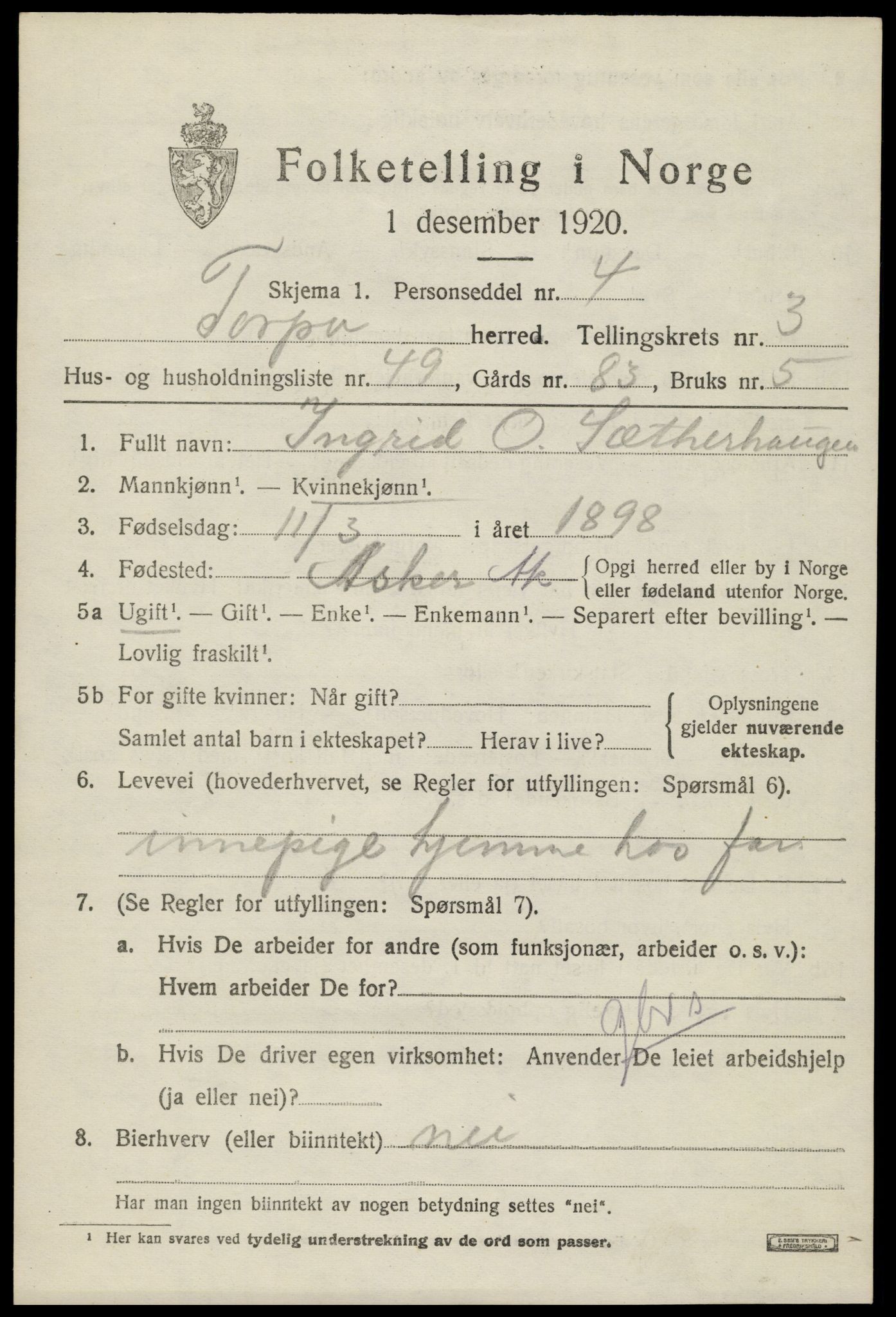 SAH, 1920 census for Torpa, 1920, p. 2705