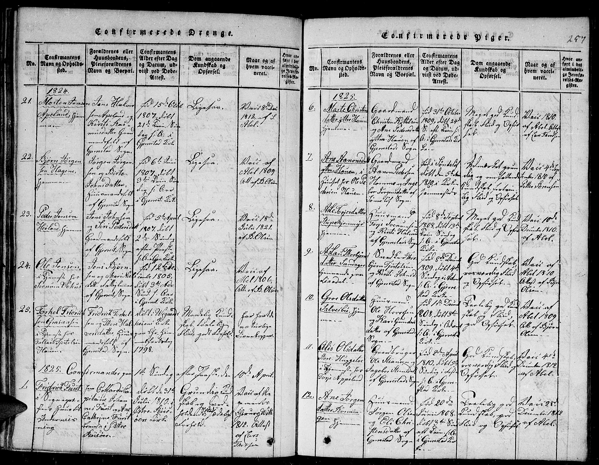 Gjerstad sokneprestkontor, AV/SAK-1111-0014/F/Fb/Fba/L0002: Parish register (copy) no. B 2, 1816-1845, p. 257