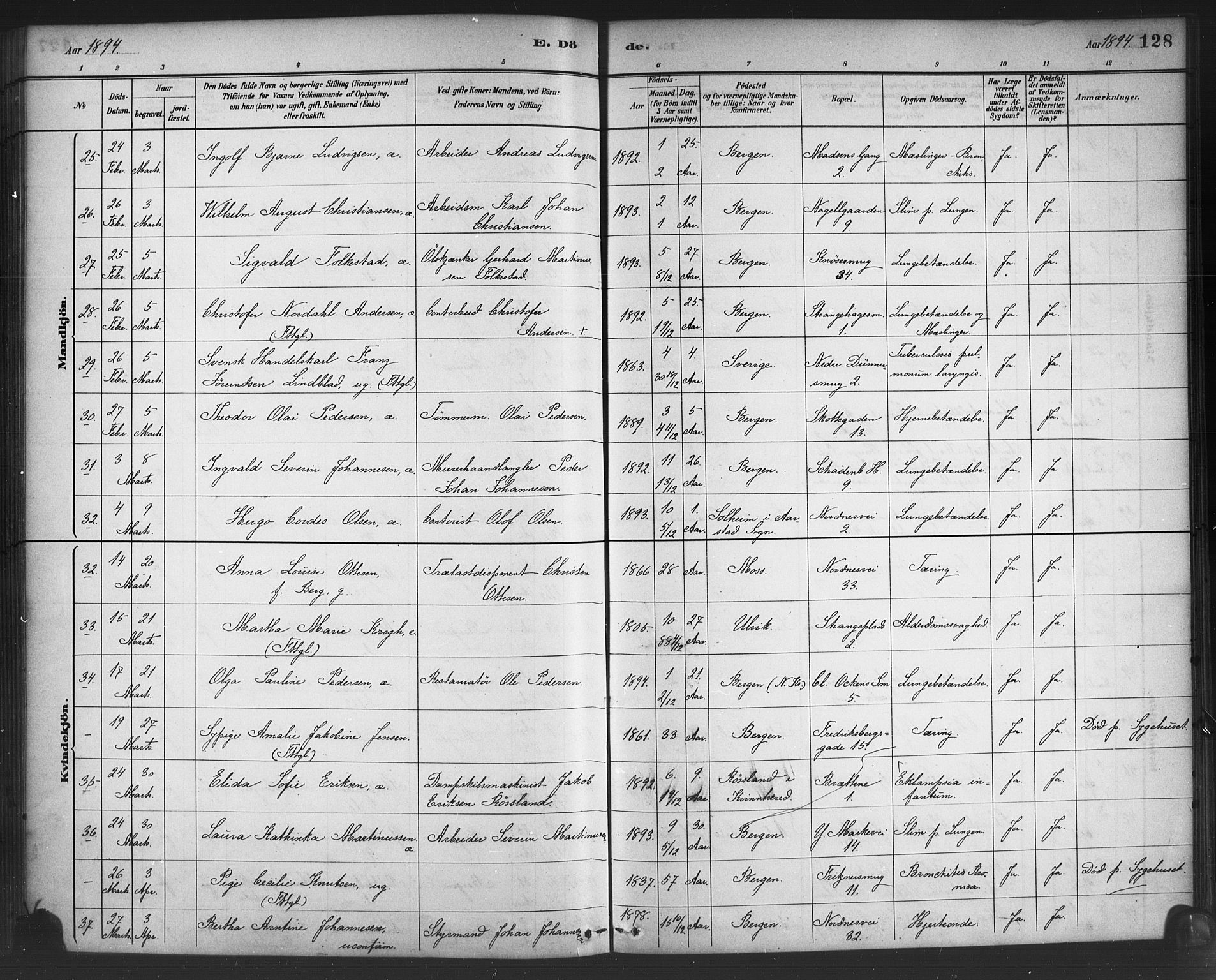 Nykirken Sokneprestembete, AV/SAB-A-77101/H/Haa/L0044: Parish register (official) no. E 4, 1882-1898, p. 128