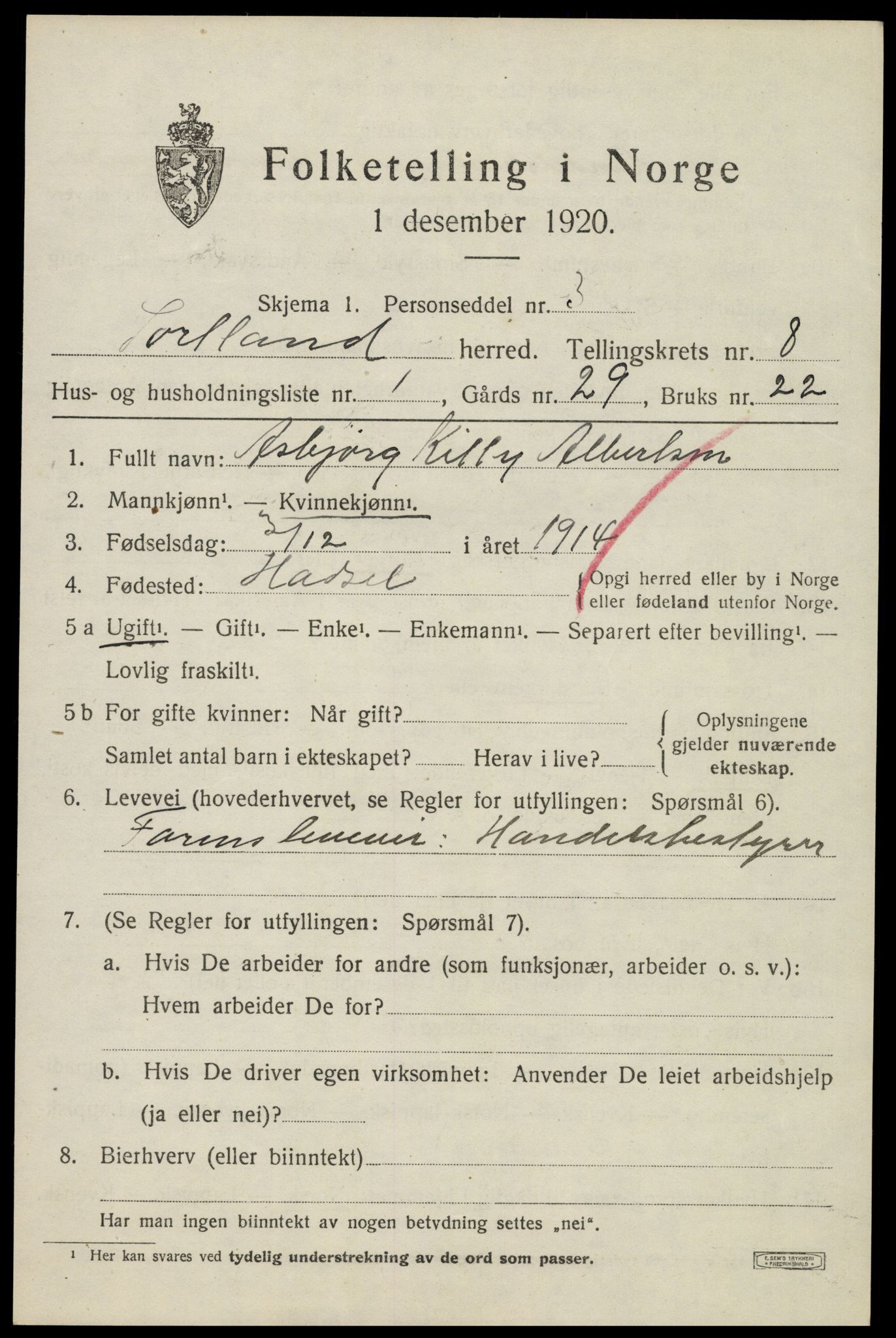 SAT, 1920 census for Sortland, 1920, p. 6778