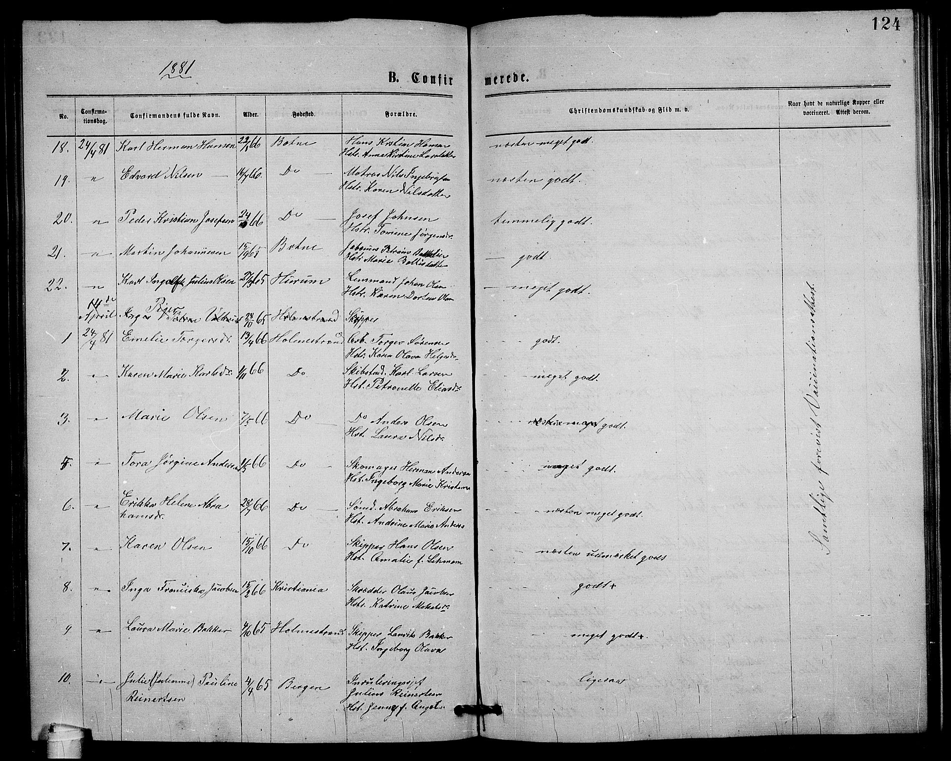 Holmestrand kirkebøker, AV/SAKO-A-346/G/Ga/L0004: Parish register (copy) no. 4, 1874-1888, p. 124