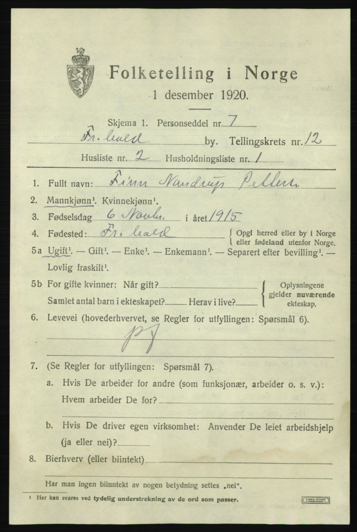 SAO, 1920 census for Fredrikshald, 1920, p. 19861