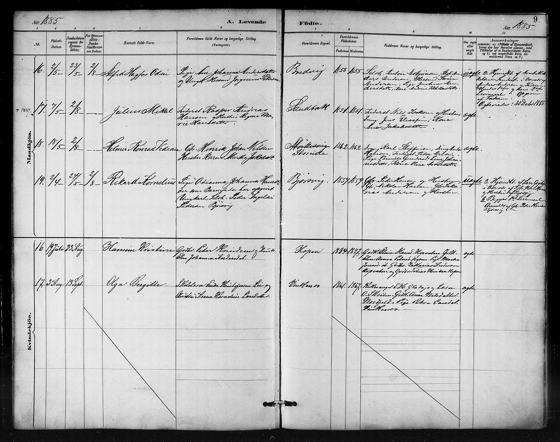 Ministerialprotokoller, klokkerbøker og fødselsregistre - Nordland, AV/SAT-A-1459/858/L0831: Parish register (official) no. 858A01, 1884-1902, p. 9