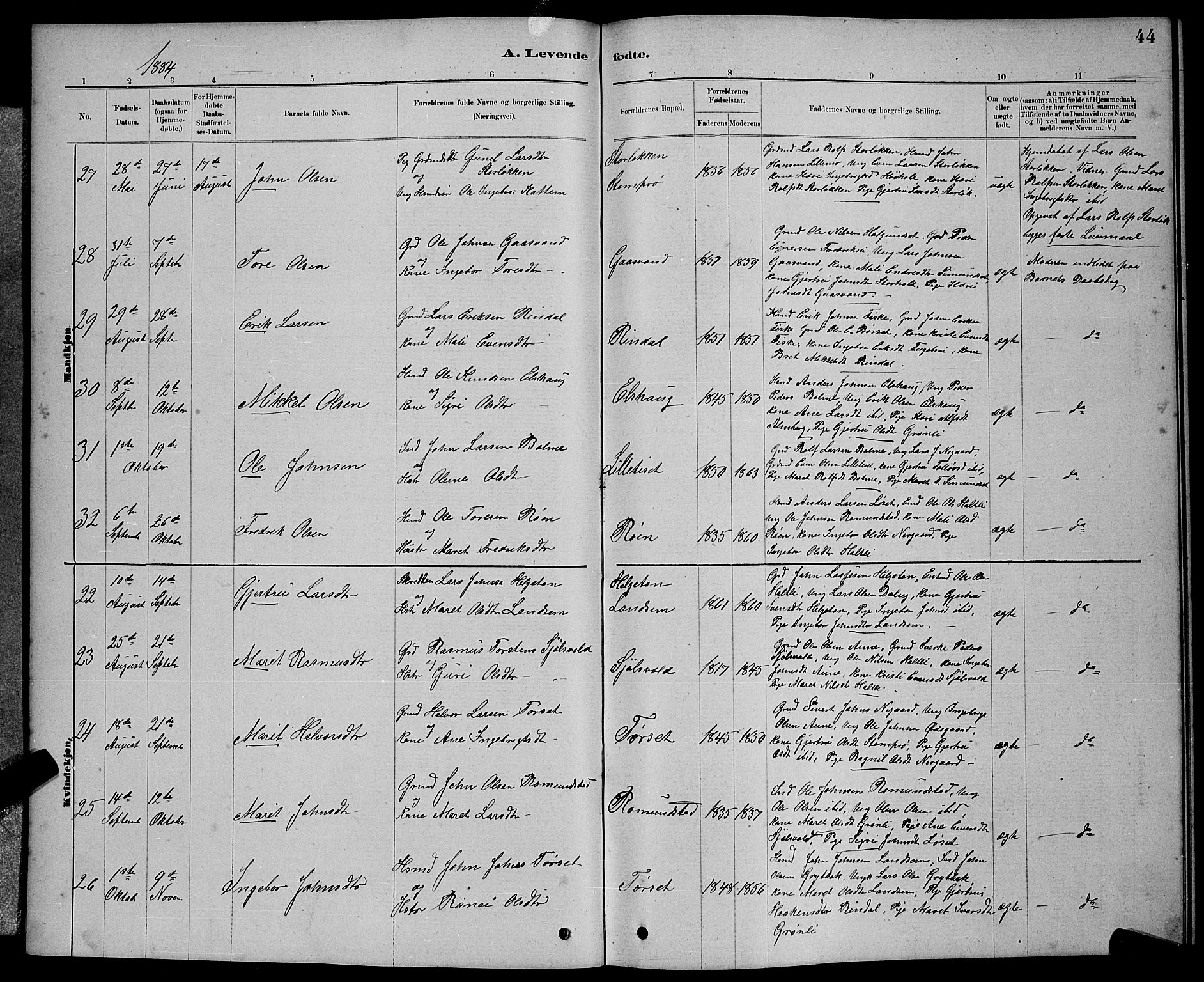 Ministerialprotokoller, klokkerbøker og fødselsregistre - Møre og Romsdal, AV/SAT-A-1454/598/L1077: Parish register (copy) no. 598C02, 1879-1891, p. 44