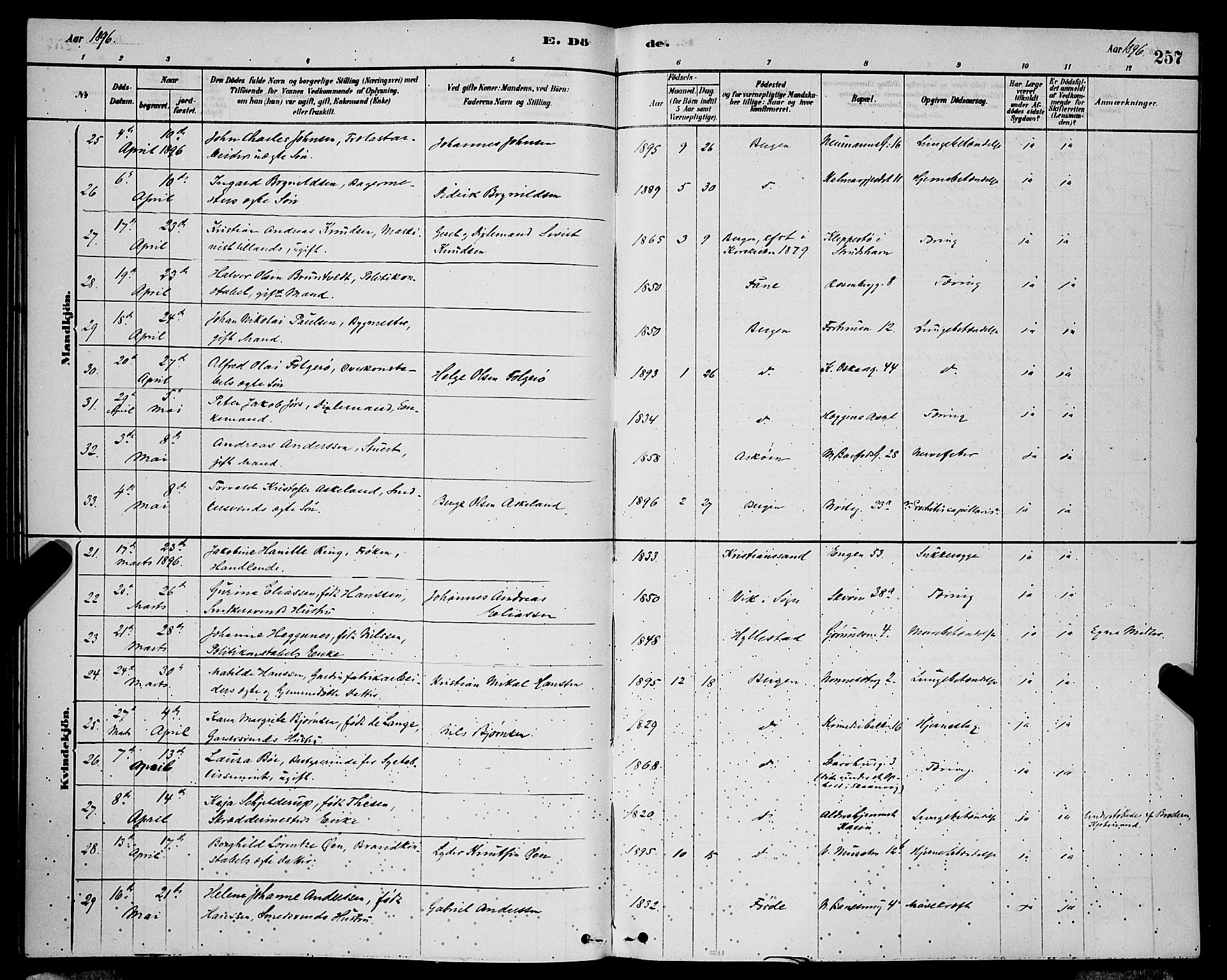 Domkirken sokneprestembete, AV/SAB-A-74801/H/Hab/L0041: Parish register (copy) no. E 5, 1878-1900, p. 257