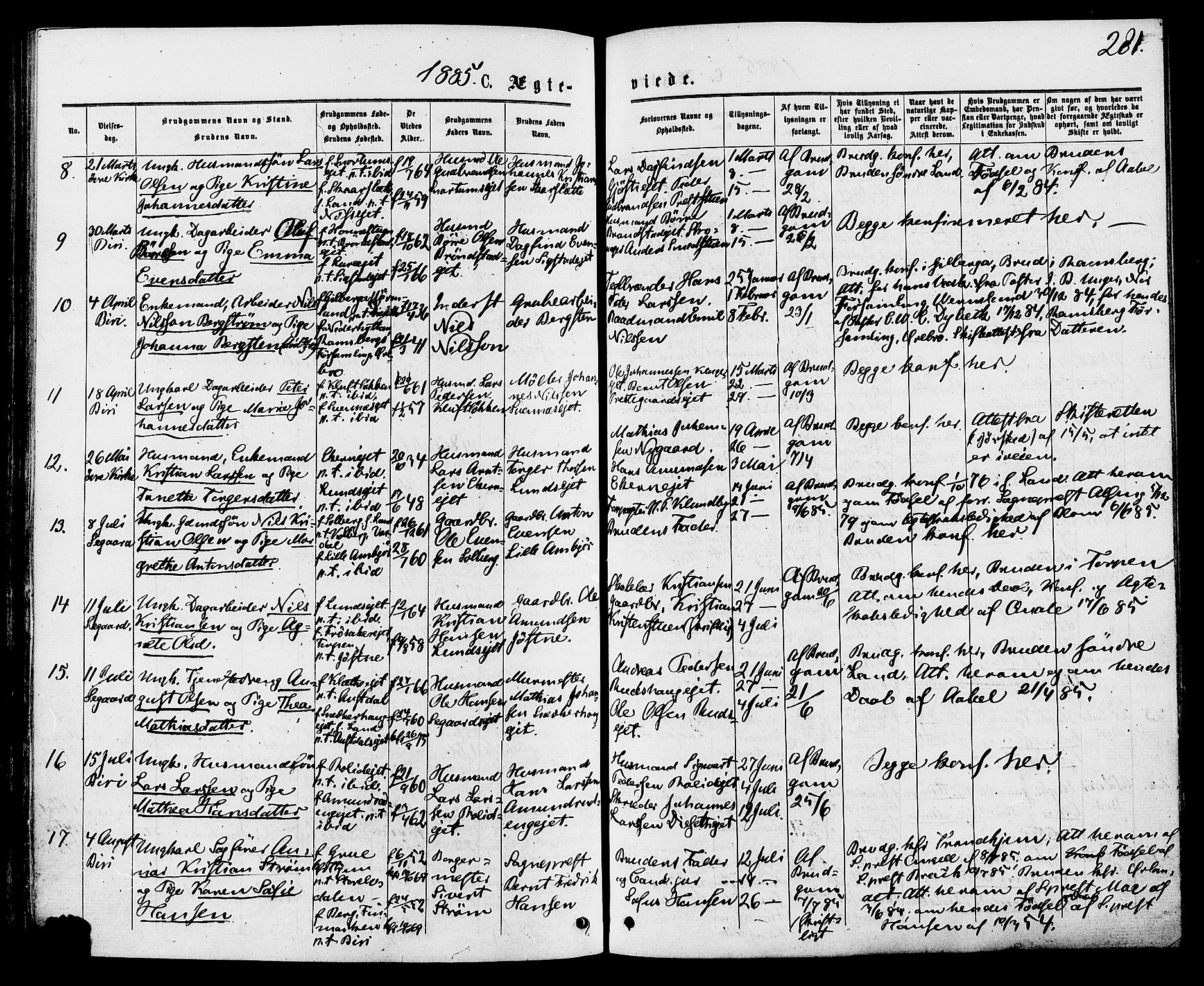 Biri prestekontor, SAH/PREST-096/H/Ha/Haa/L0006: Parish register (official) no. 6, 1877-1886, p. 281