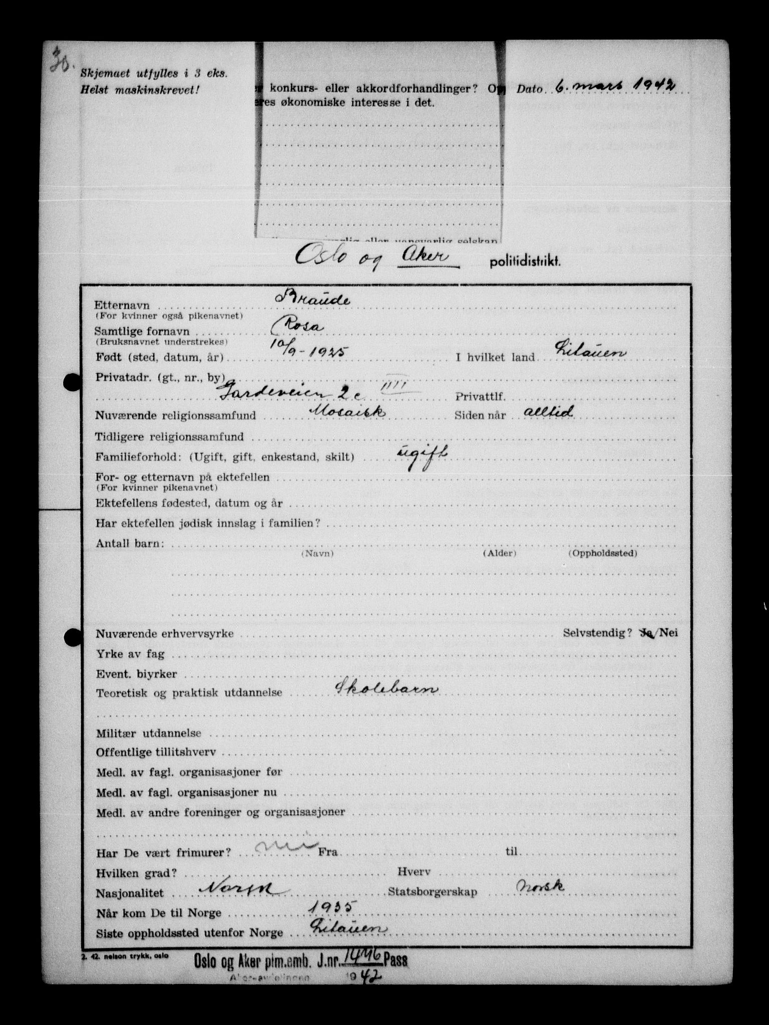 Statspolitiet - Hovedkontoret / Osloavdelingen, AV/RA-S-1329/G/Ga/L0011: Spørreskjema for jøder i Norge. 1: Oslo 610-806 (Plavnik-Zwillinger). 2: Aker 1-113 (Adler-Lewin). , 1942, p. 675