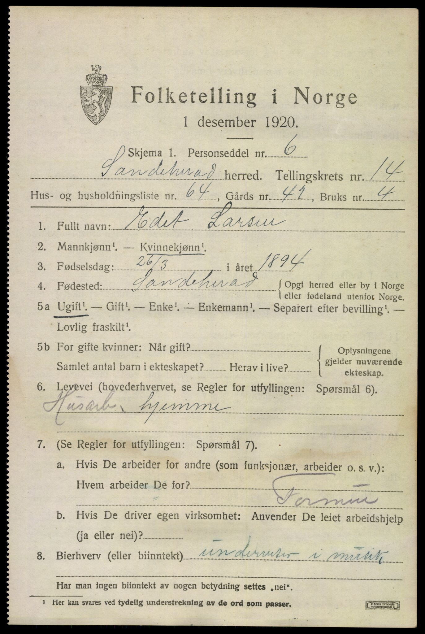 SAKO, 1920 census for Sandeherred, 1920, p. 21146