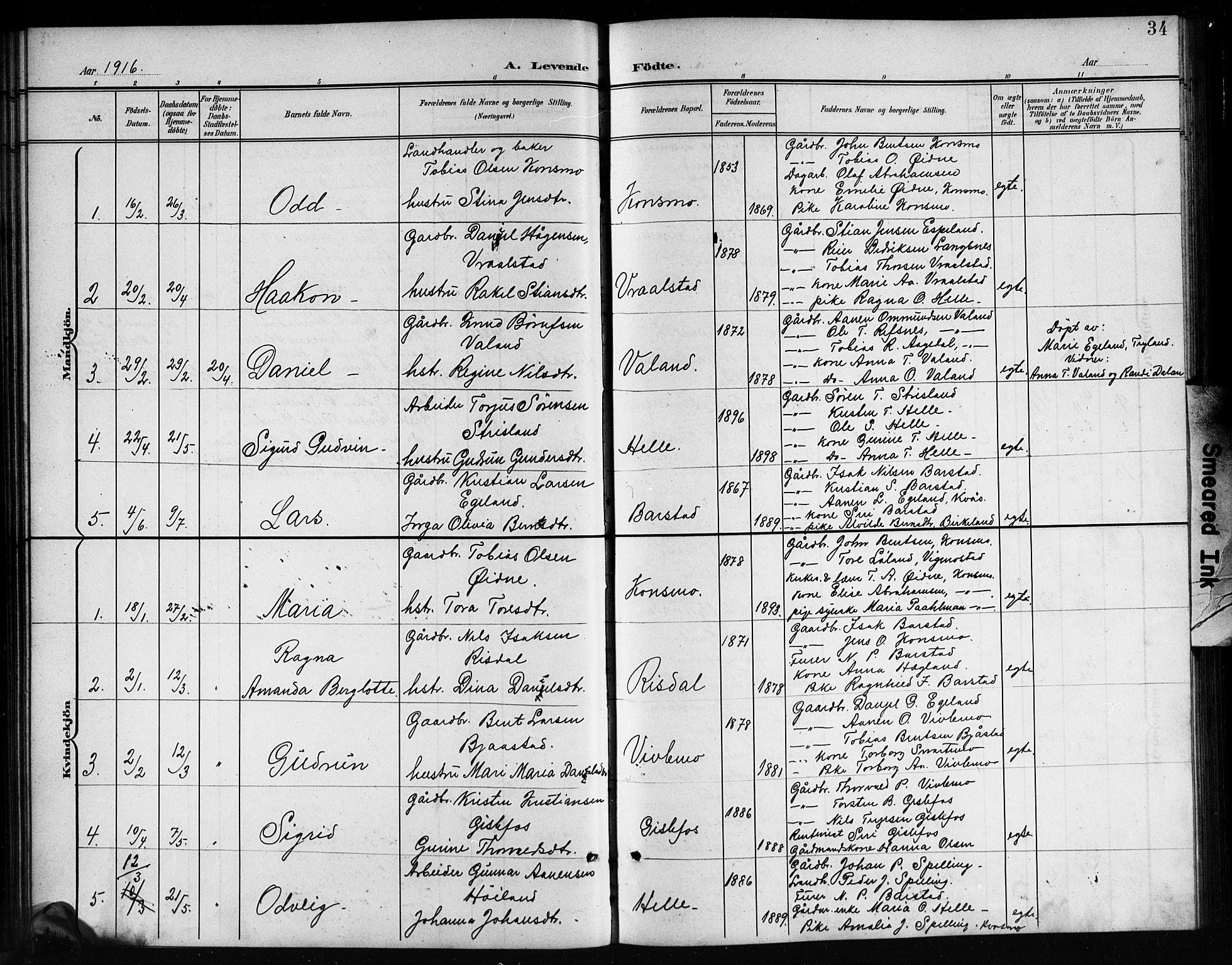 Nord-Audnedal sokneprestkontor, AV/SAK-1111-0032/F/Fb/Fba/L0004: Parish register (copy) no. B 4, 1901-1917, p. 34