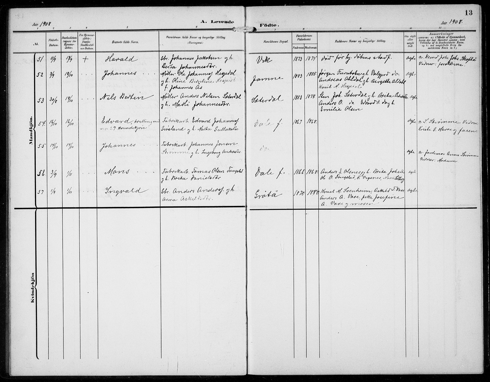 Bruvik Sokneprestembete, AV/SAB-A-74701/H/Hab: Parish register (copy) no. A  4, 1908-1937, p. 13