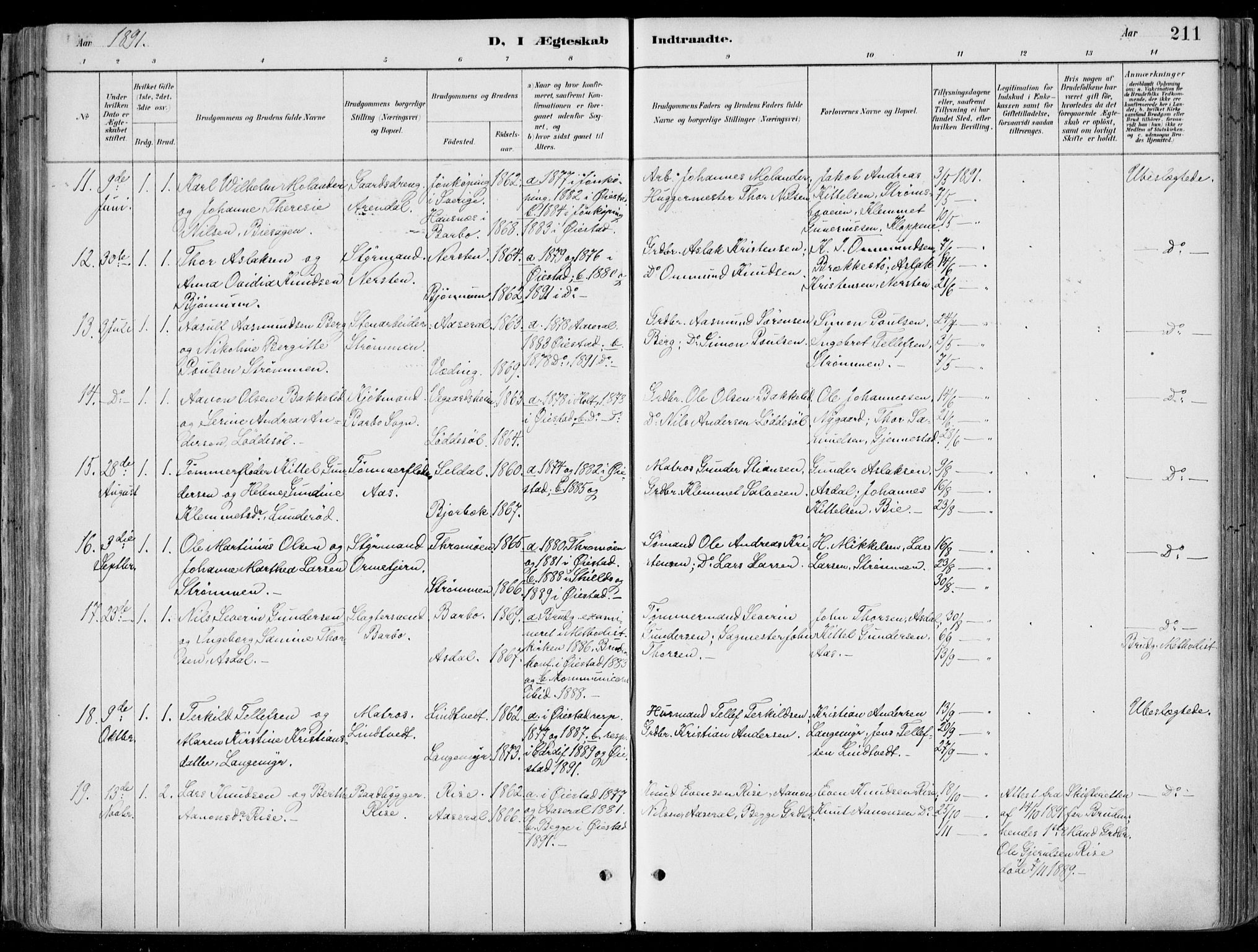 Øyestad sokneprestkontor, SAK/1111-0049/F/Fa/L0017: Parish register (official) no. A 17, 1887-1896, p. 211