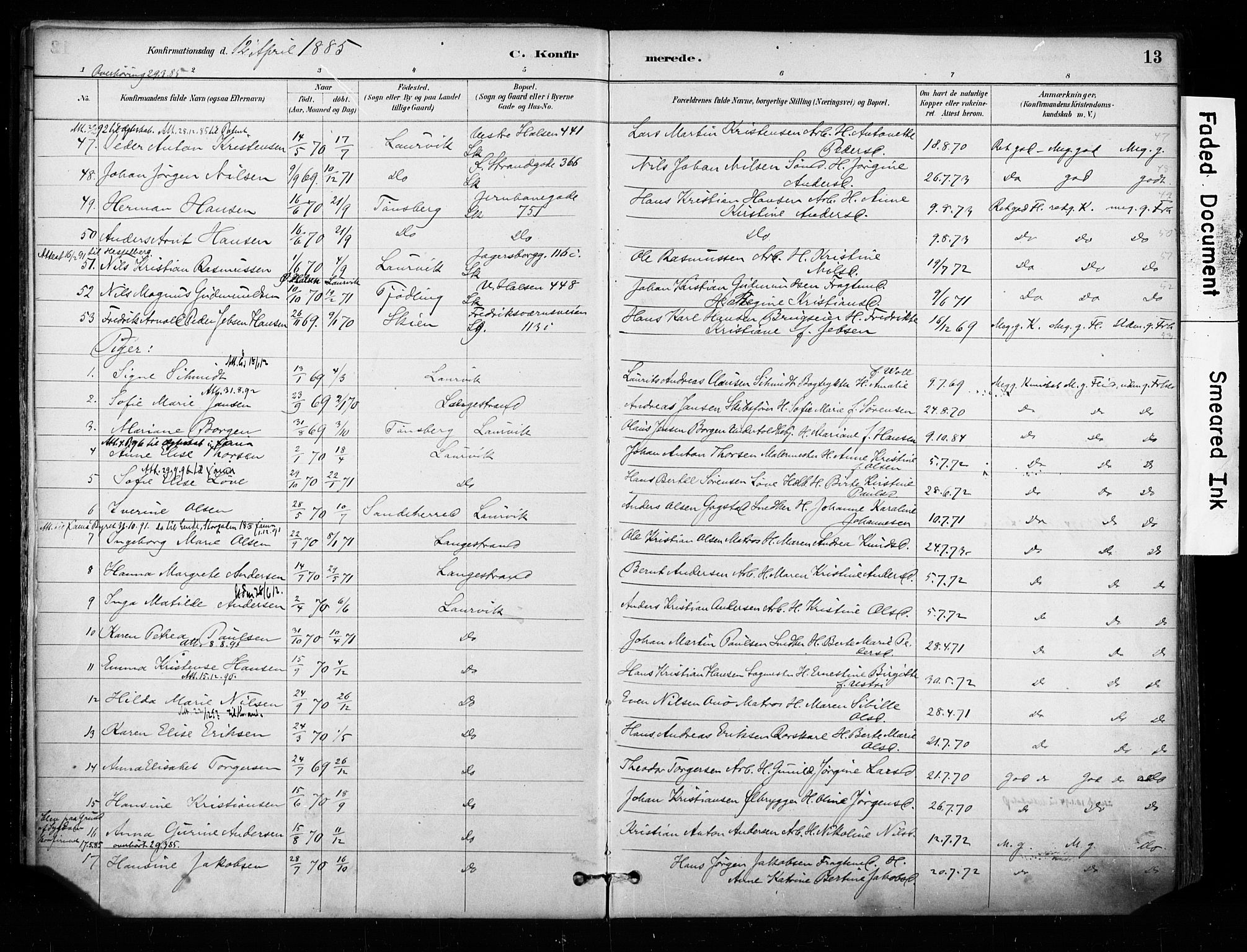 Larvik kirkebøker, AV/SAKO-A-352/F/Fa/L0008: Parish register (official) no. I 8, 1884-1902, p. 13