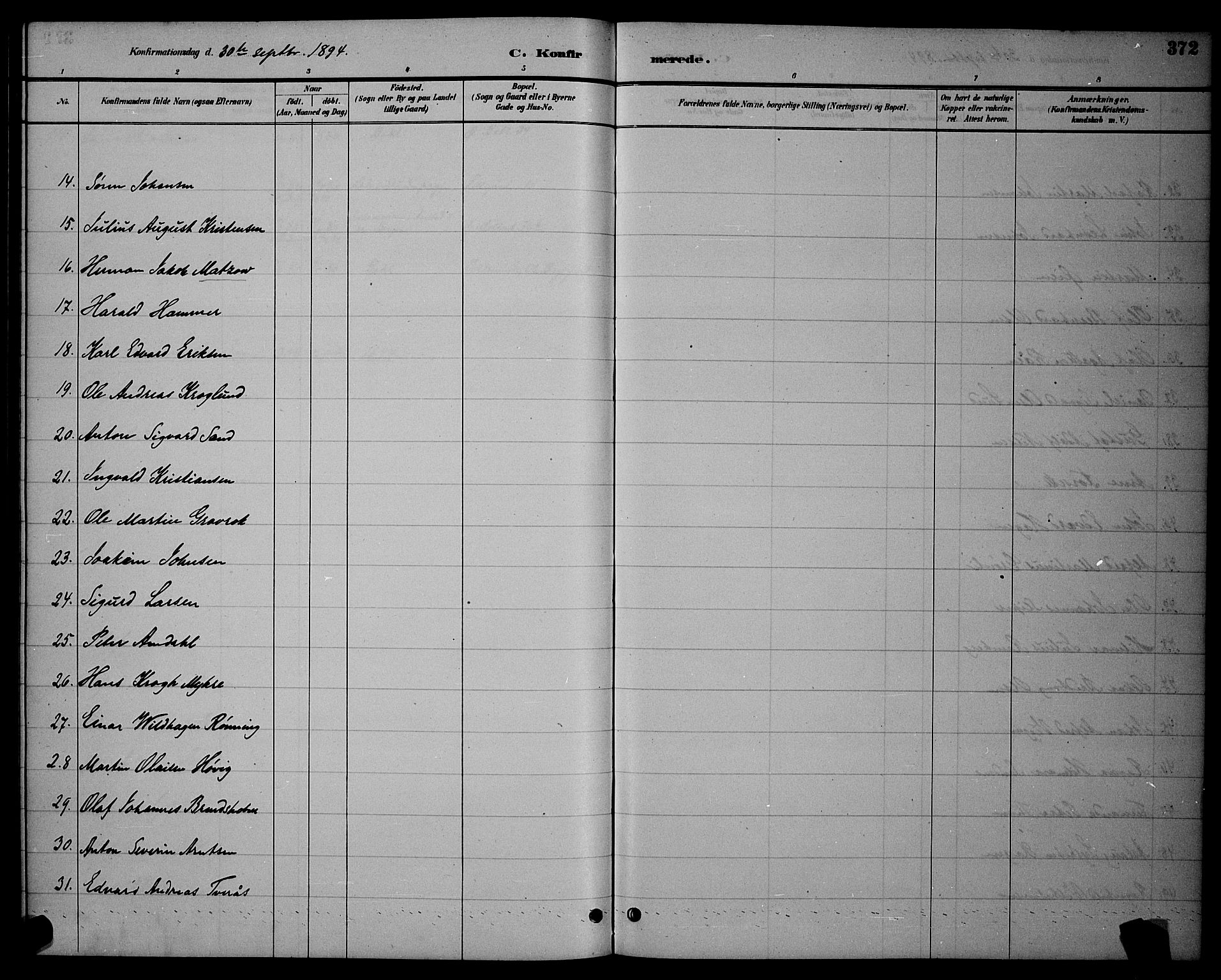 Ministerialprotokoller, klokkerbøker og fødselsregistre - Sør-Trøndelag, AV/SAT-A-1456/604/L0222: Parish register (copy) no. 604C05, 1886-1895, p. 372