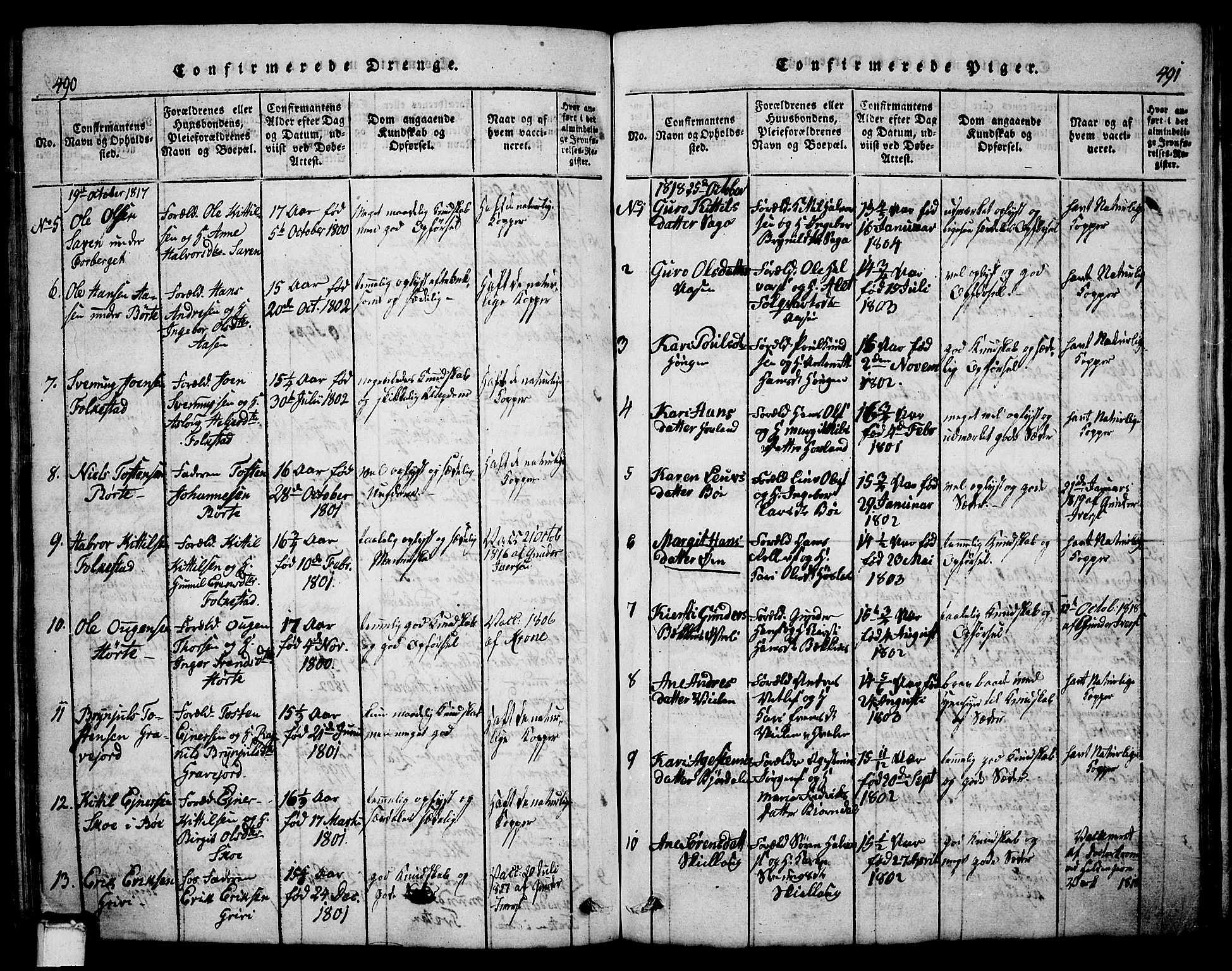 Bø kirkebøker, AV/SAKO-A-257/G/Ga/L0001: Parish register (copy) no. 1, 1815-1831, p. 490-491