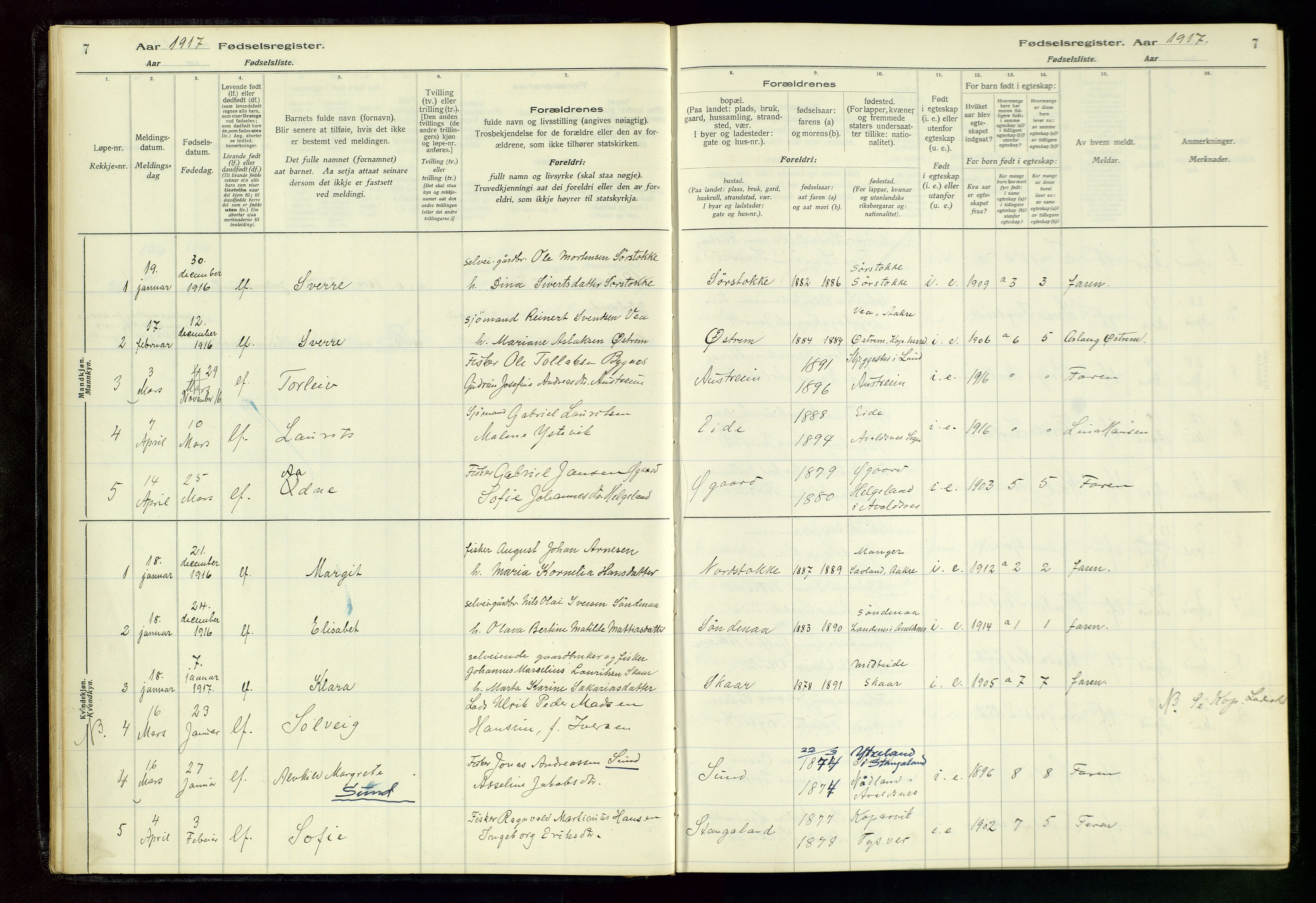 Kopervik sokneprestkontor, SAST/A-101850/I/Id/L0004: Birth register no. 4, 1916-1958, p. 7