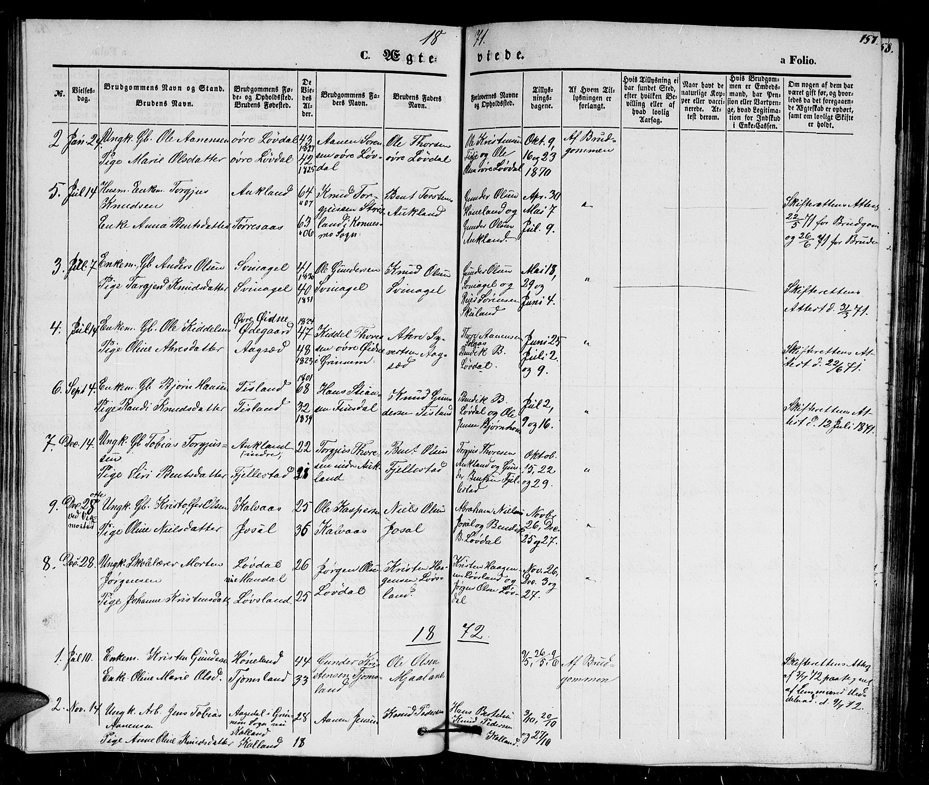 Holum sokneprestkontor, SAK/1111-0022/F/Fb/Fbb/L0002: Parish register (copy) no. B 2, 1847-1874, p. 157