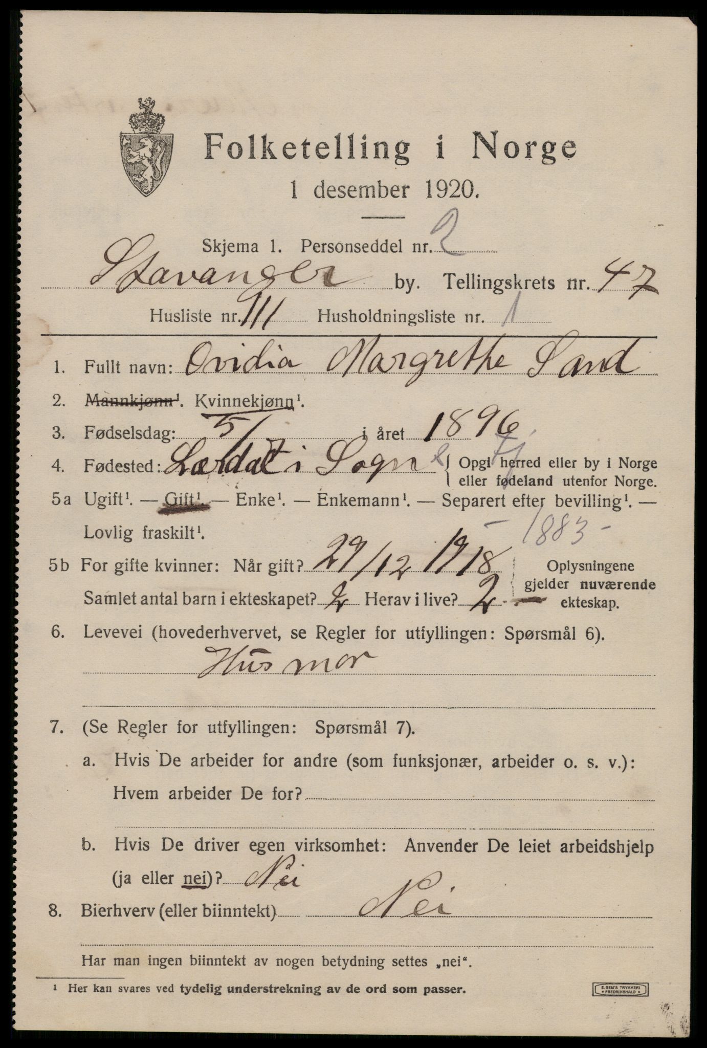 SAST, 1920 census for Stavanger, 1920, p. 115292