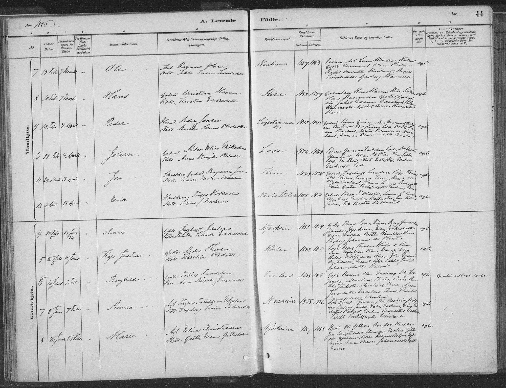 Hå sokneprestkontor, AV/SAST-A-101801/001/30BA/L0010: Parish register (official) no. A 9, 1879-1896, p. 44