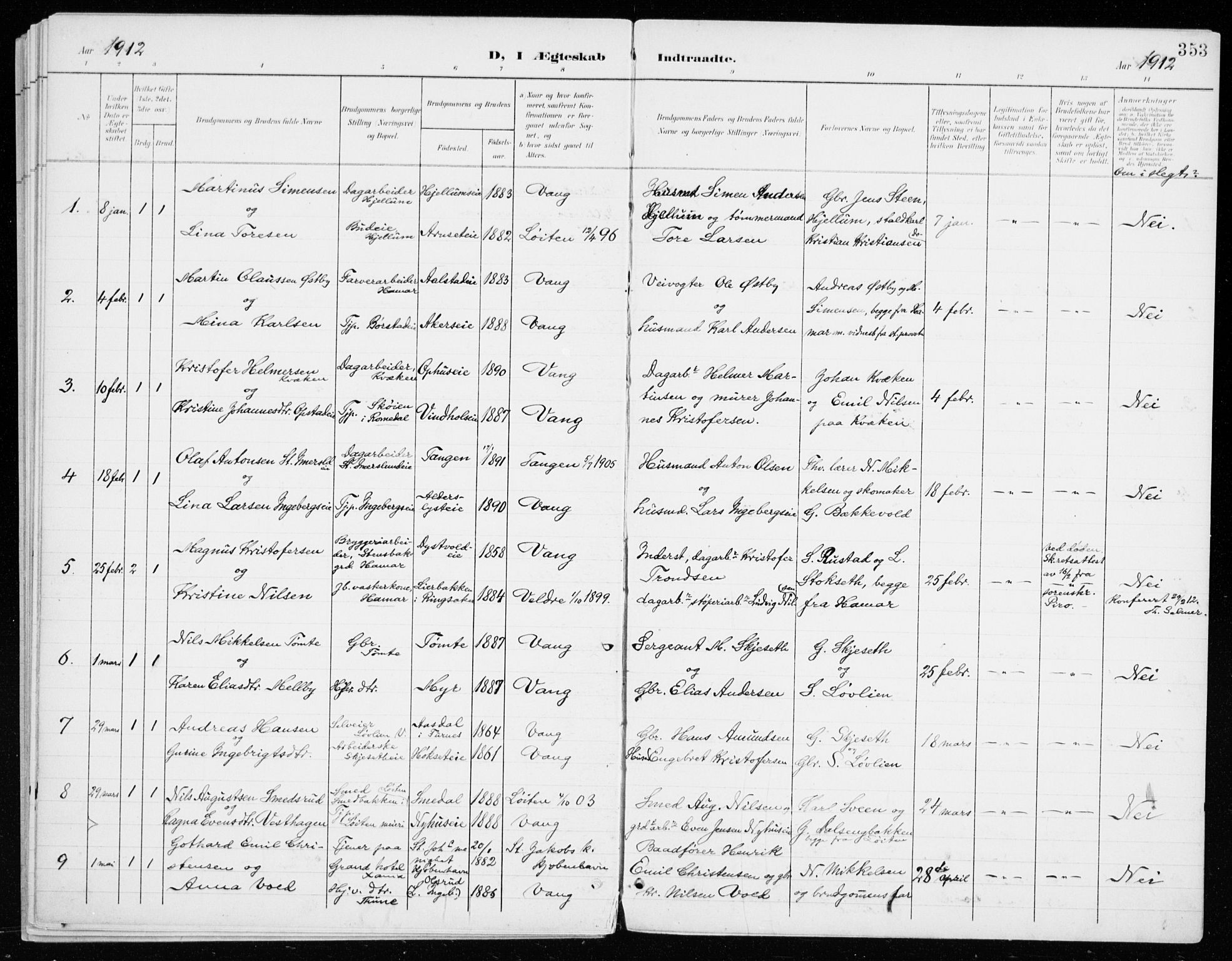 Vang prestekontor, Hedmark, SAH/PREST-008/H/Ha/Haa/L0021: Parish register (official) no. 21, 1902-1917, p. 353