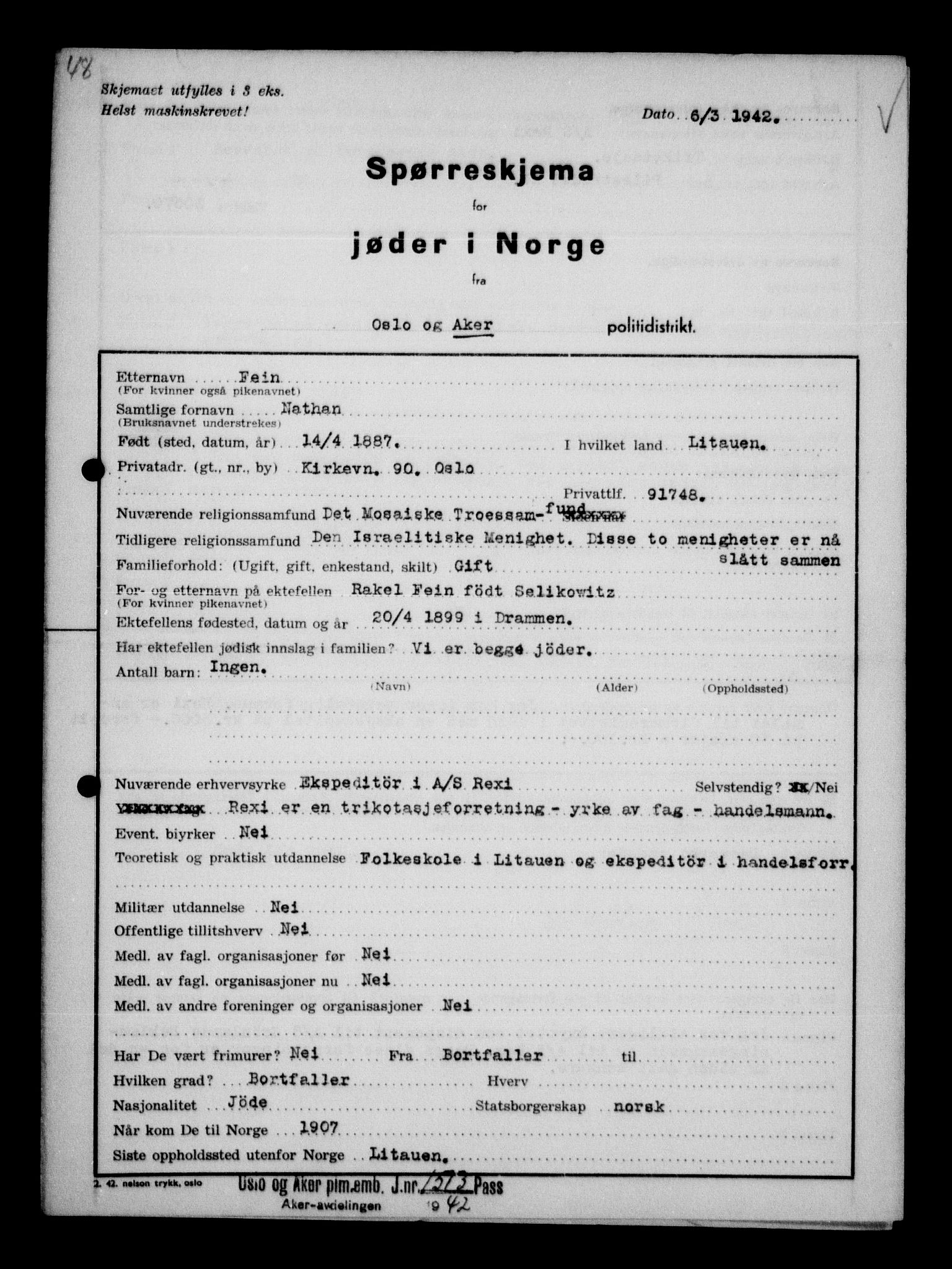 Statspolitiet - Hovedkontoret / Osloavdelingen, AV/RA-S-1329/G/Ga/L0011: Spørreskjema for jøder i Norge. 1: Oslo 610-806 (Plavnik-Zwillinger). 2: Aker 1-113 (Adler-Lewin). , 1942, p. 729