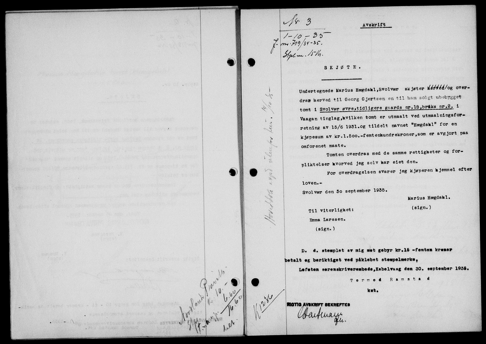 Lofoten sorenskriveri, SAT/A-0017/1/2/2C/L0032b: Mortgage book no. 32b, 1935-1935, Deed date: 01.10.1935
