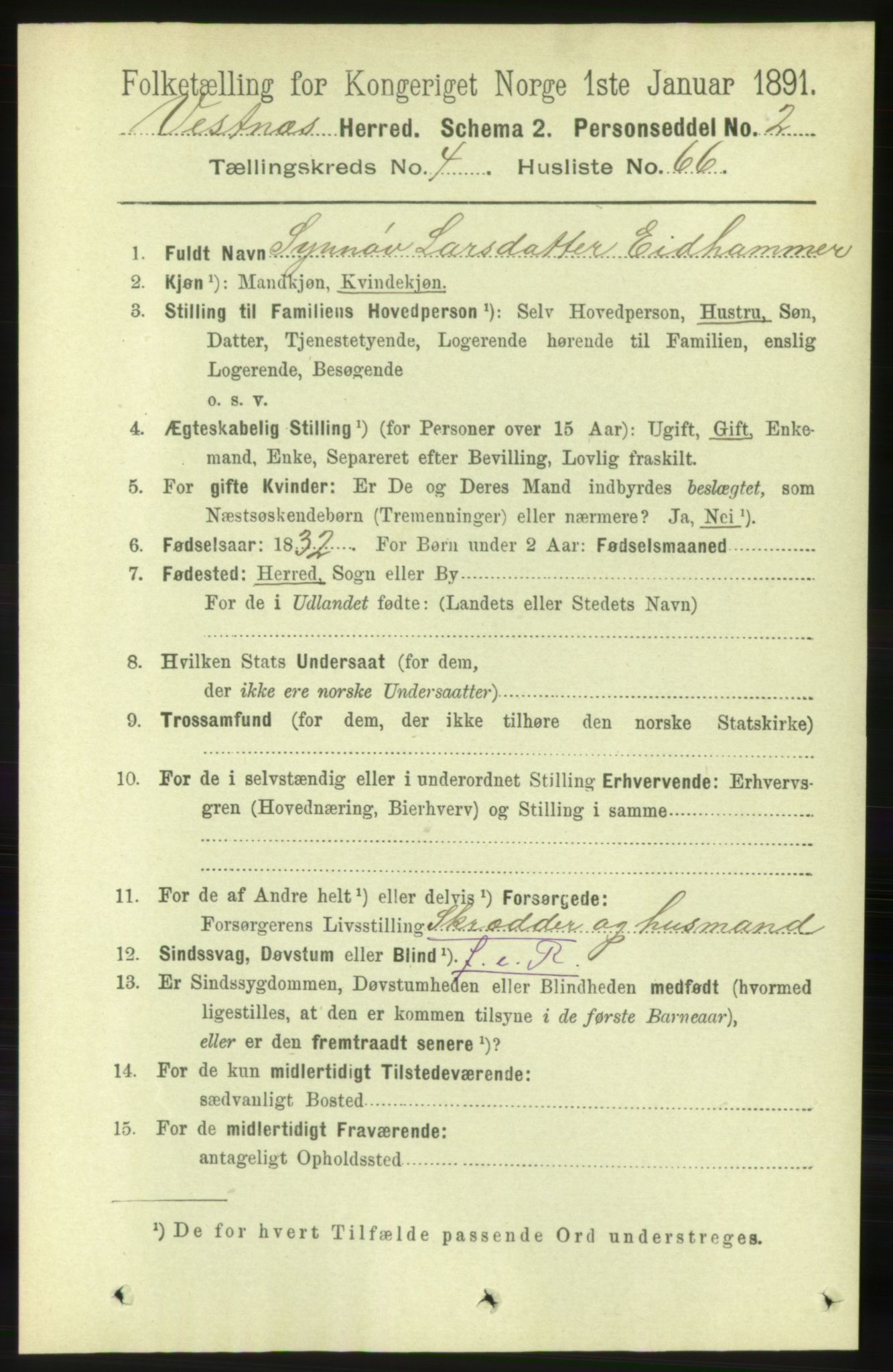 RA, 1891 census for 1535 Vestnes, 1891, p. 1662