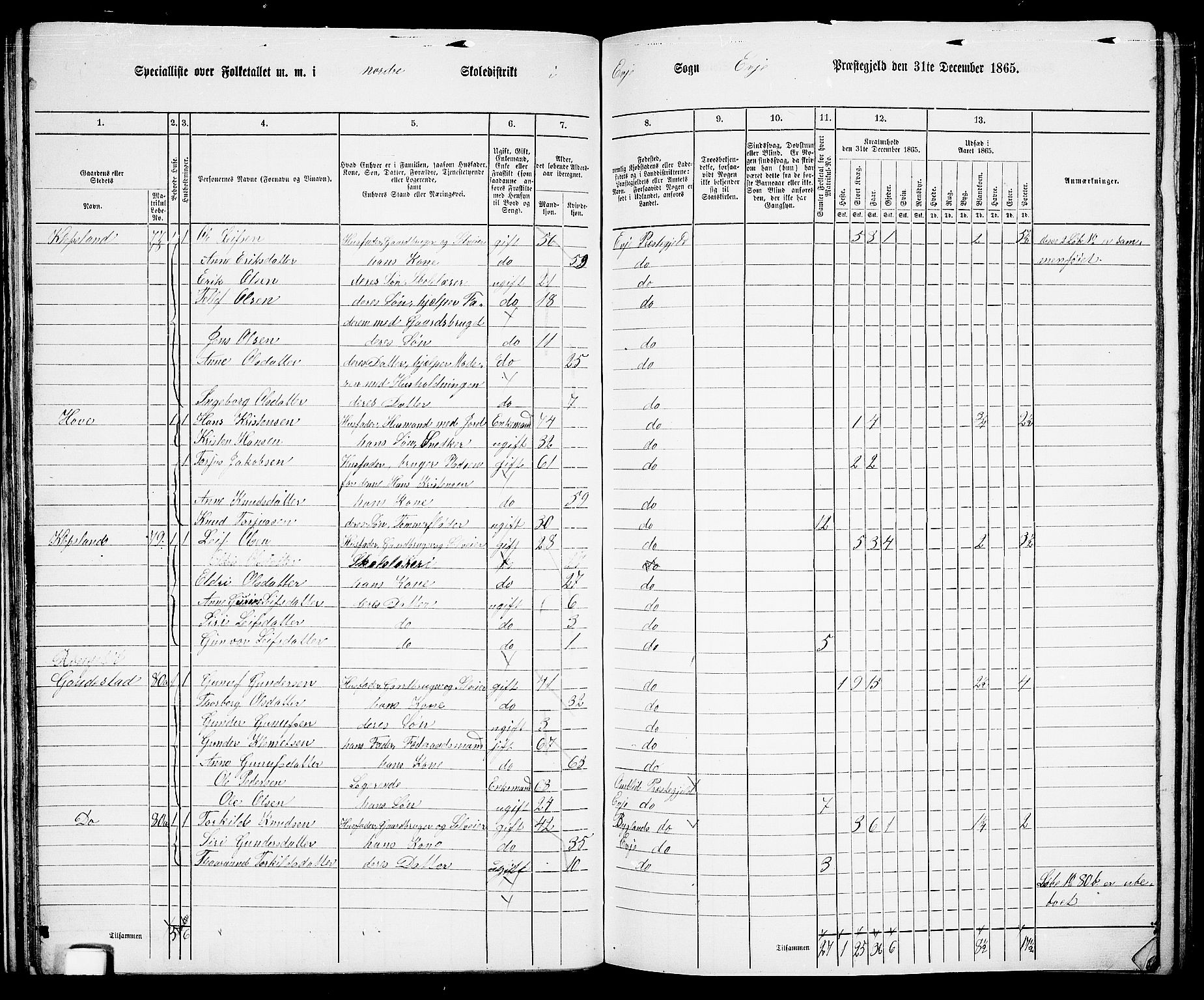 RA, 1865 census for Evje, 1865, p. 39