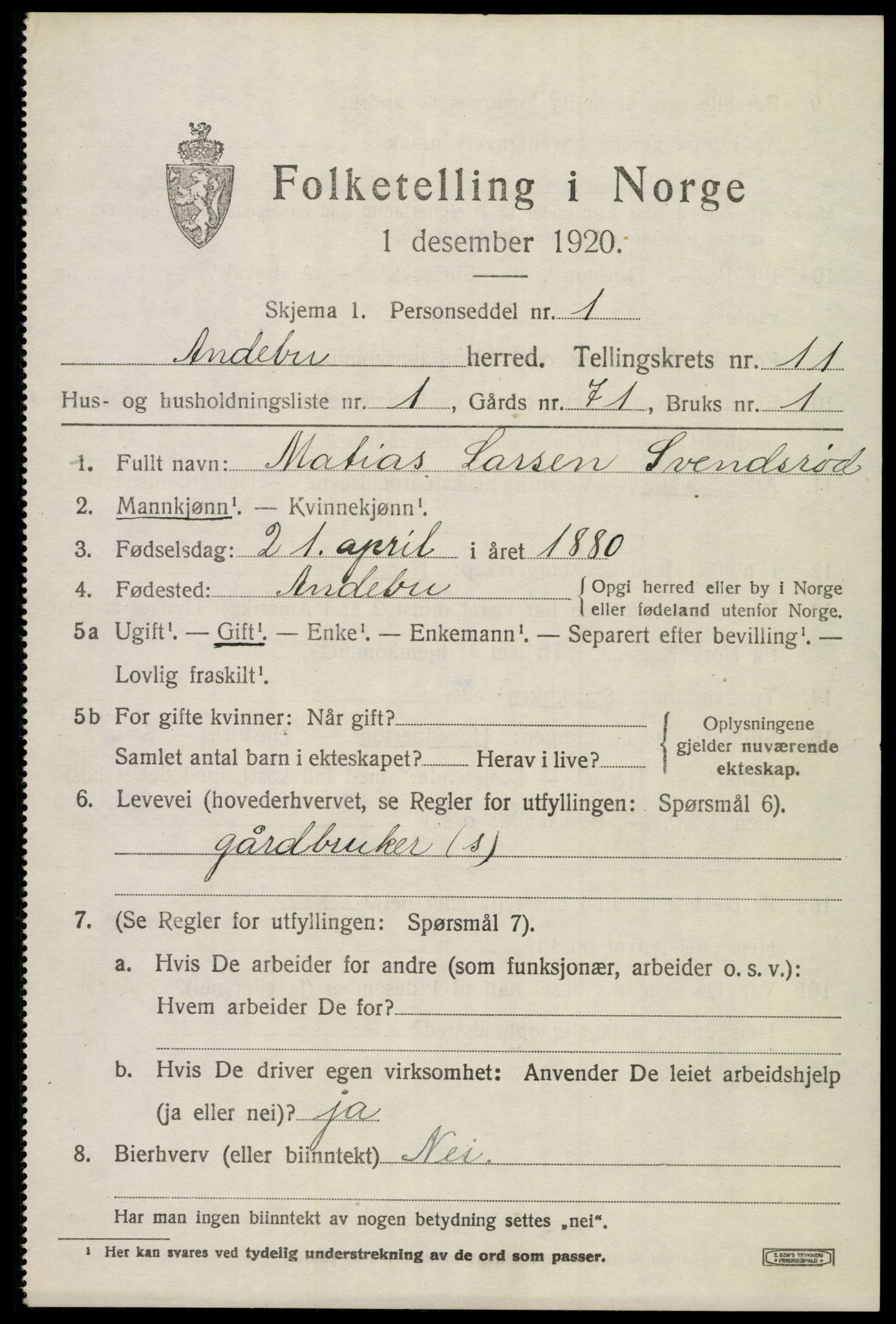 SAKO, 1920 census for Andebu, 1920, p. 4114