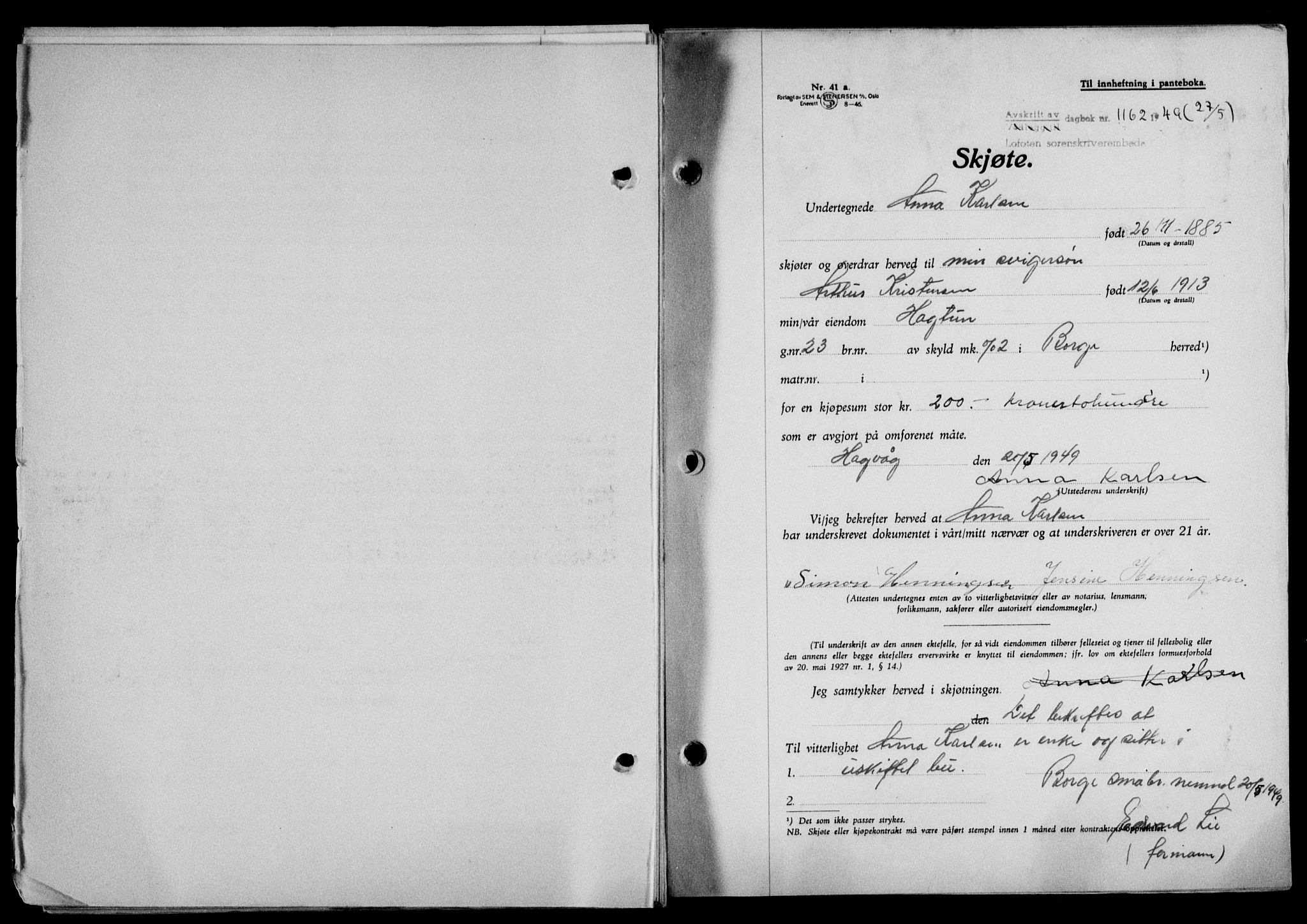 Lofoten sorenskriveri, SAT/A-0017/1/2/2C/L0020a: Mortgage book no. 20a, 1948-1949, Diary no: : 1162/1949