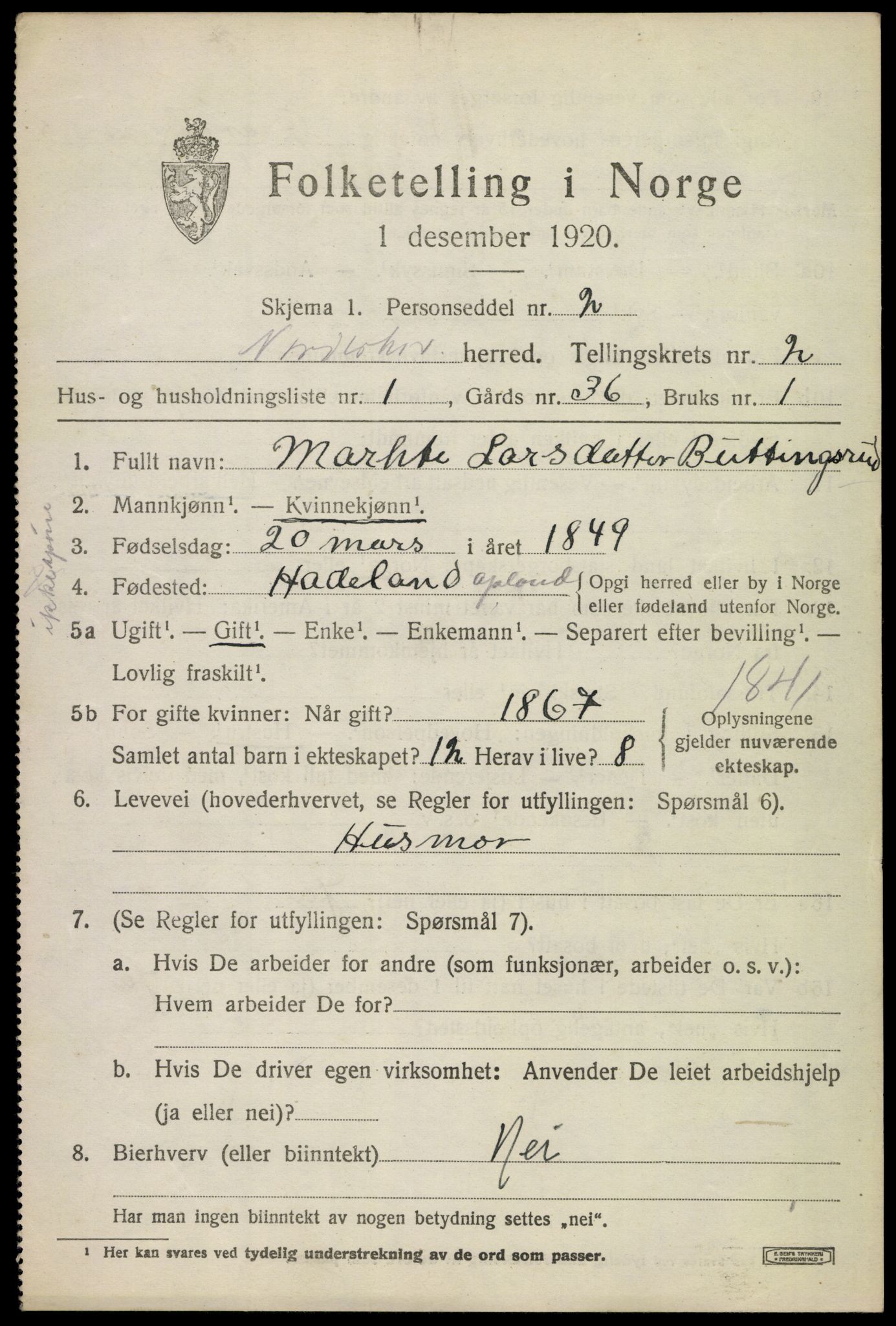 SAKO, 1920 census for Norderhov, 1920, p. 4472