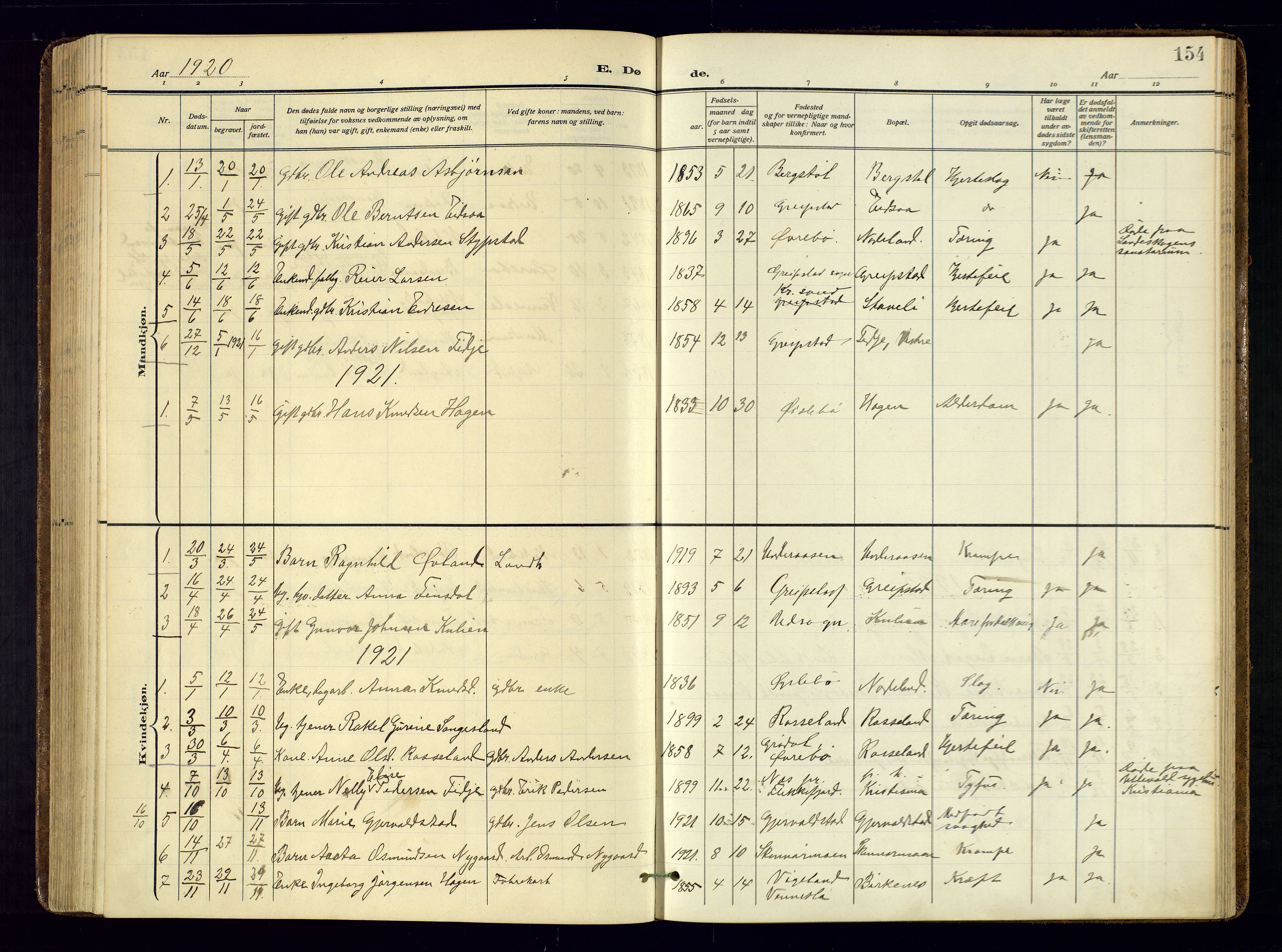 Søgne sokneprestkontor, AV/SAK-1111-0037/F/Fa/Faa/L0004: Parish register (official) no. A-4, 1911-1945, p. 154