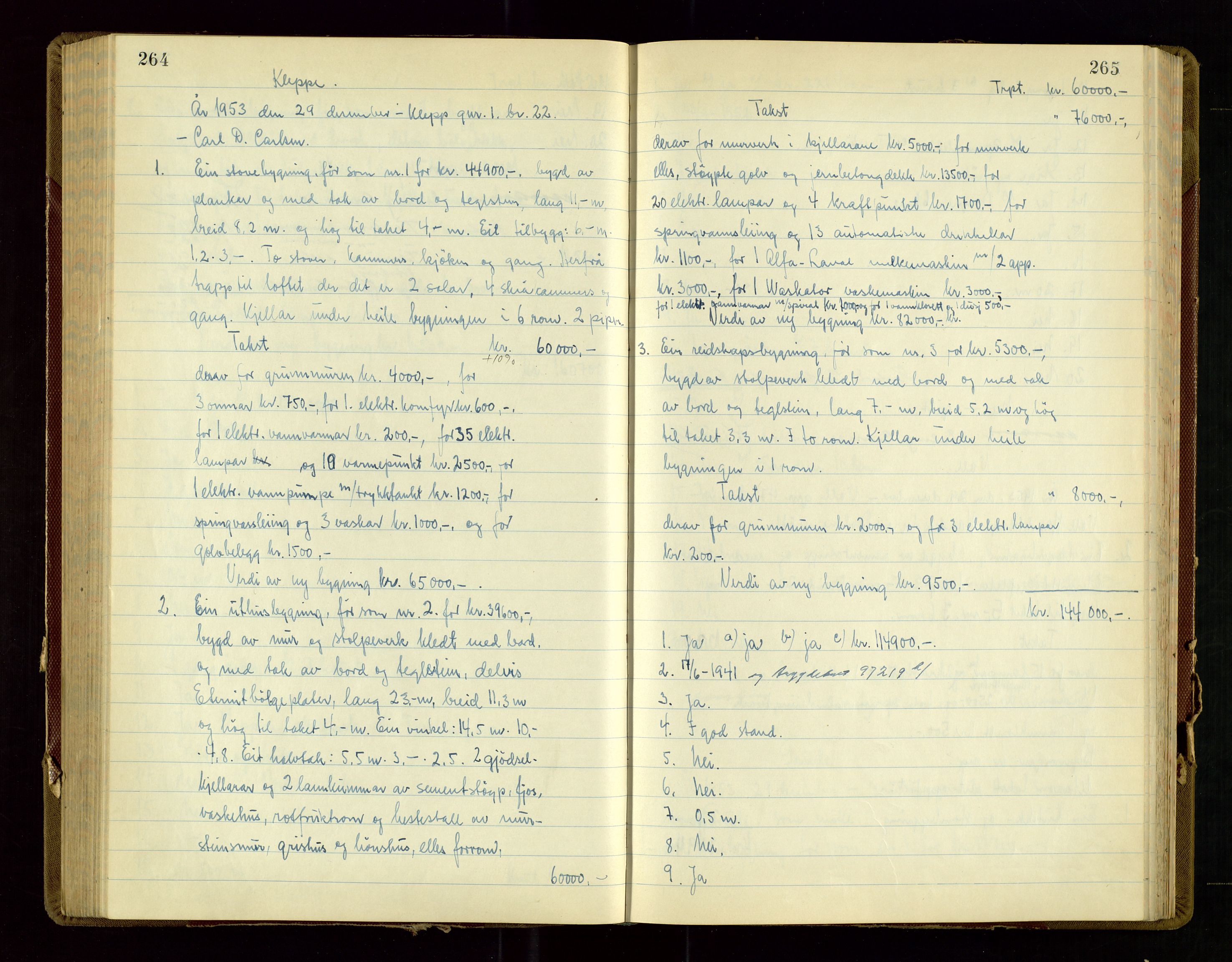 Klepp lensmannskontor, AV/SAST-A-100163/Gob/L0009: "Branntakstprotokoll", 1952-1955, p. 264-265