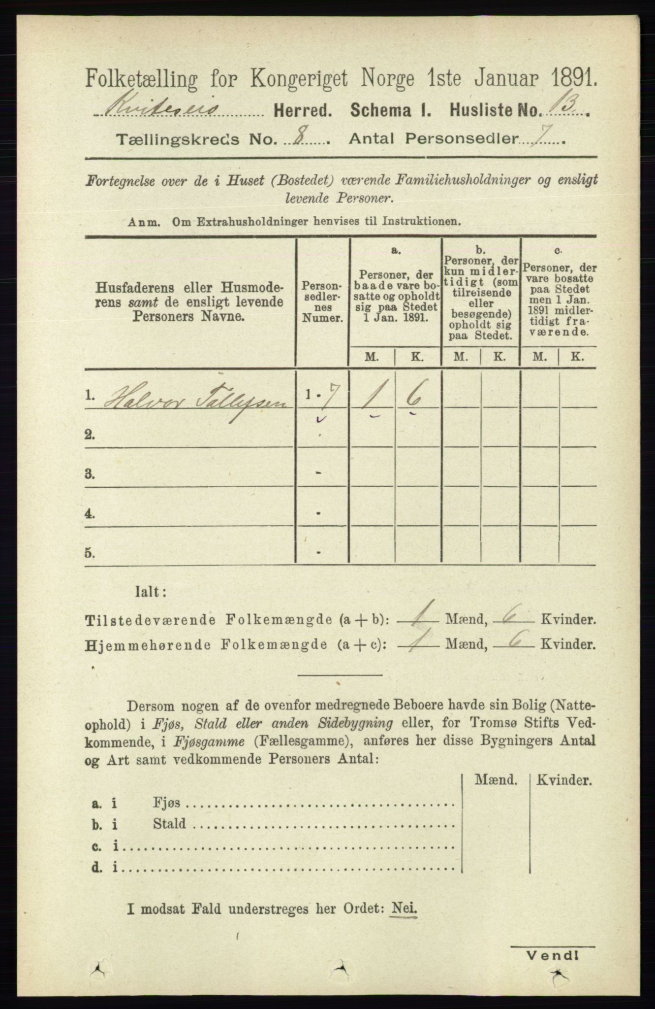 RA, 1891 census for 0829 Kviteseid, 1891, p. 1561