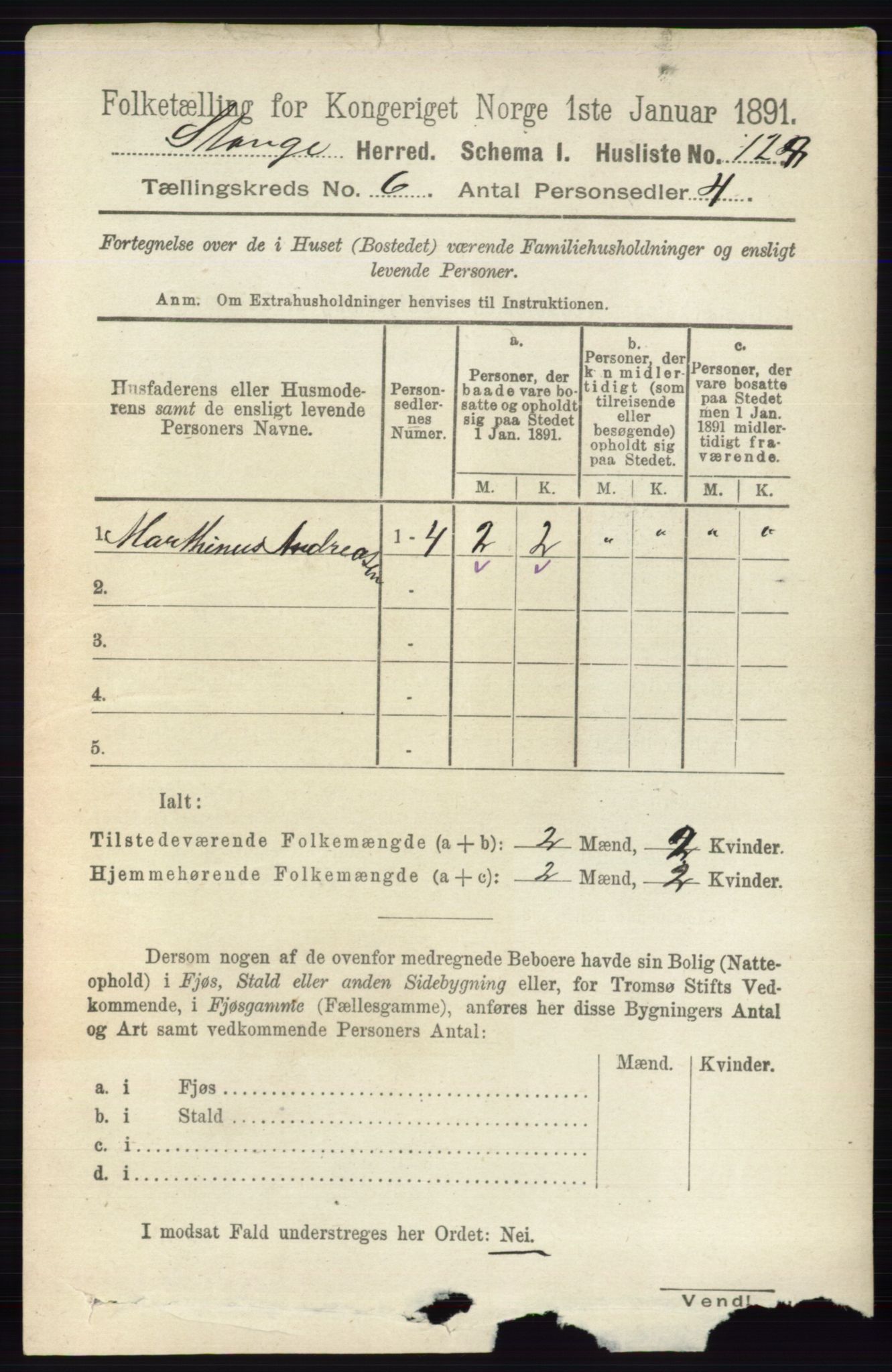 RA, 1891 census for 0417 Stange, 1891, p. 3954