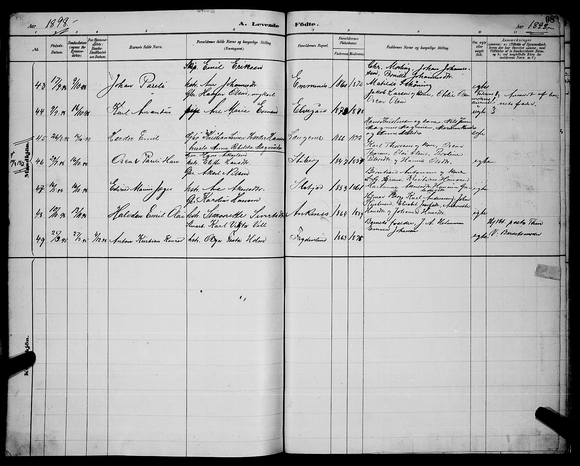 Ministerialprotokoller, klokkerbøker og fødselsregistre - Nordland, AV/SAT-A-1459/866/L0952: Parish register (copy) no. 866C01, 1886-1899, p. 98