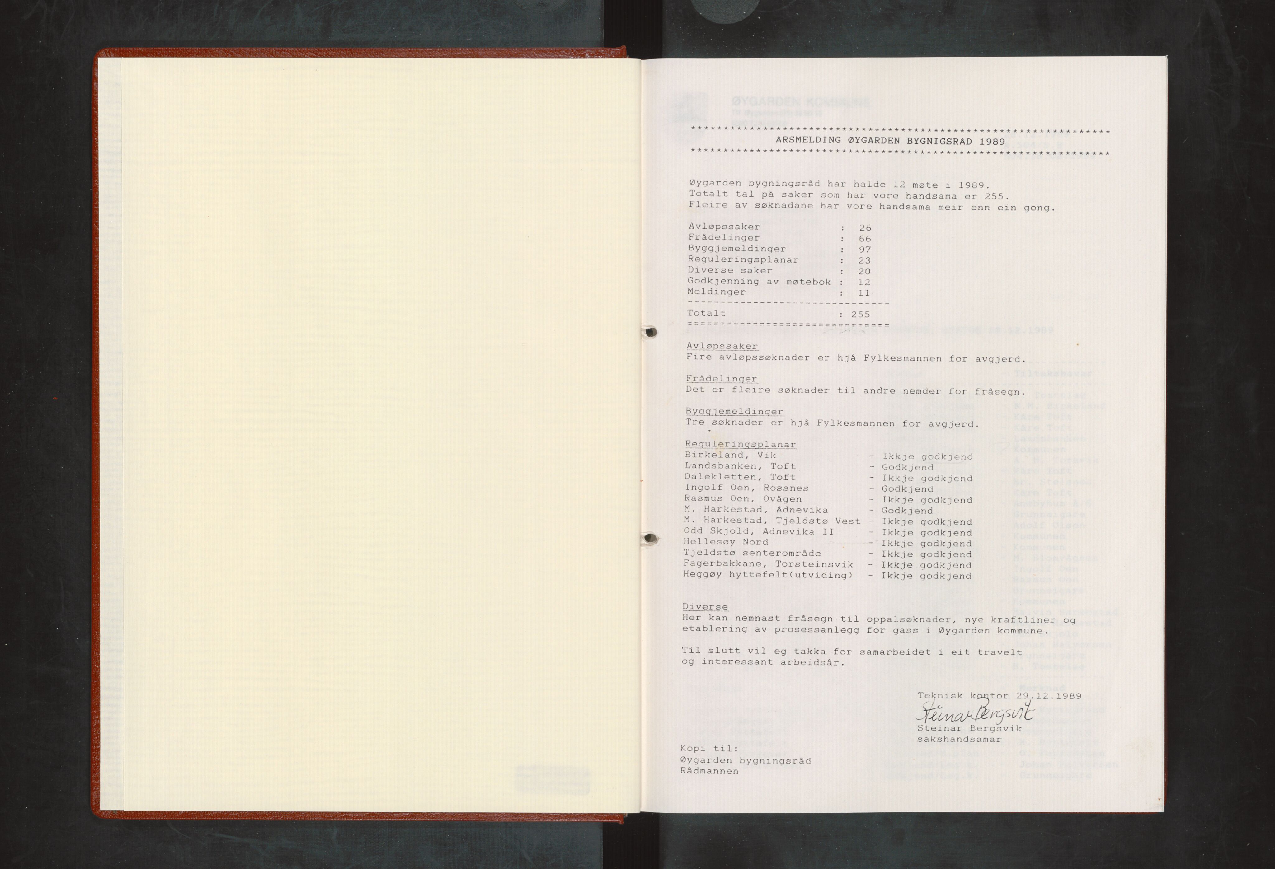 Øygarden kommune. Bygningsrådet, IKAH/1259b-511/A/Aa/L0025: Møtebok for Øygarden bygningsråd - Del I, 1989