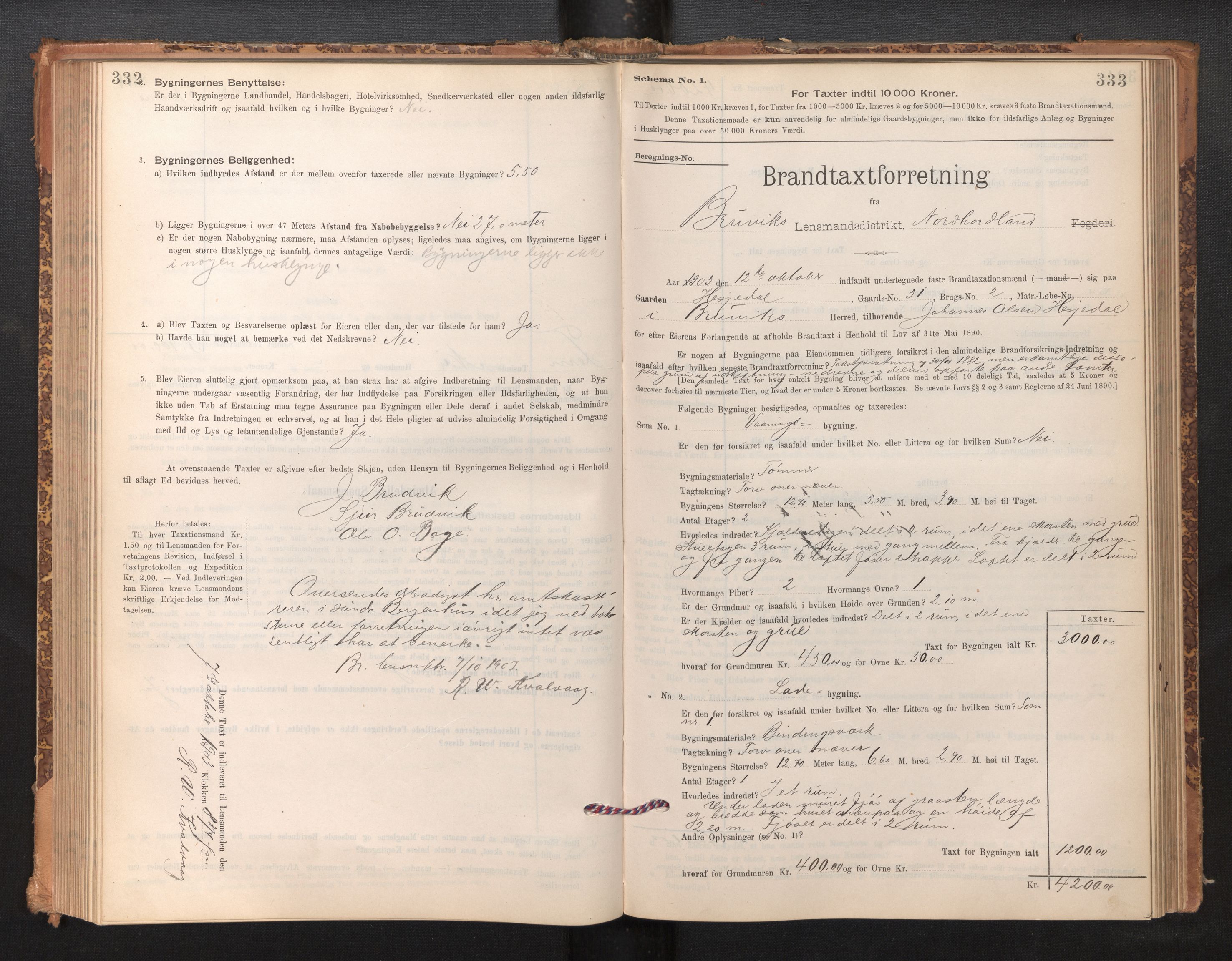 Lensmannen i Bruvik, SAB/A-31301/0012/L0006: Branntakstprotokoll, skjematakst, 1894-1906, p. 332-333