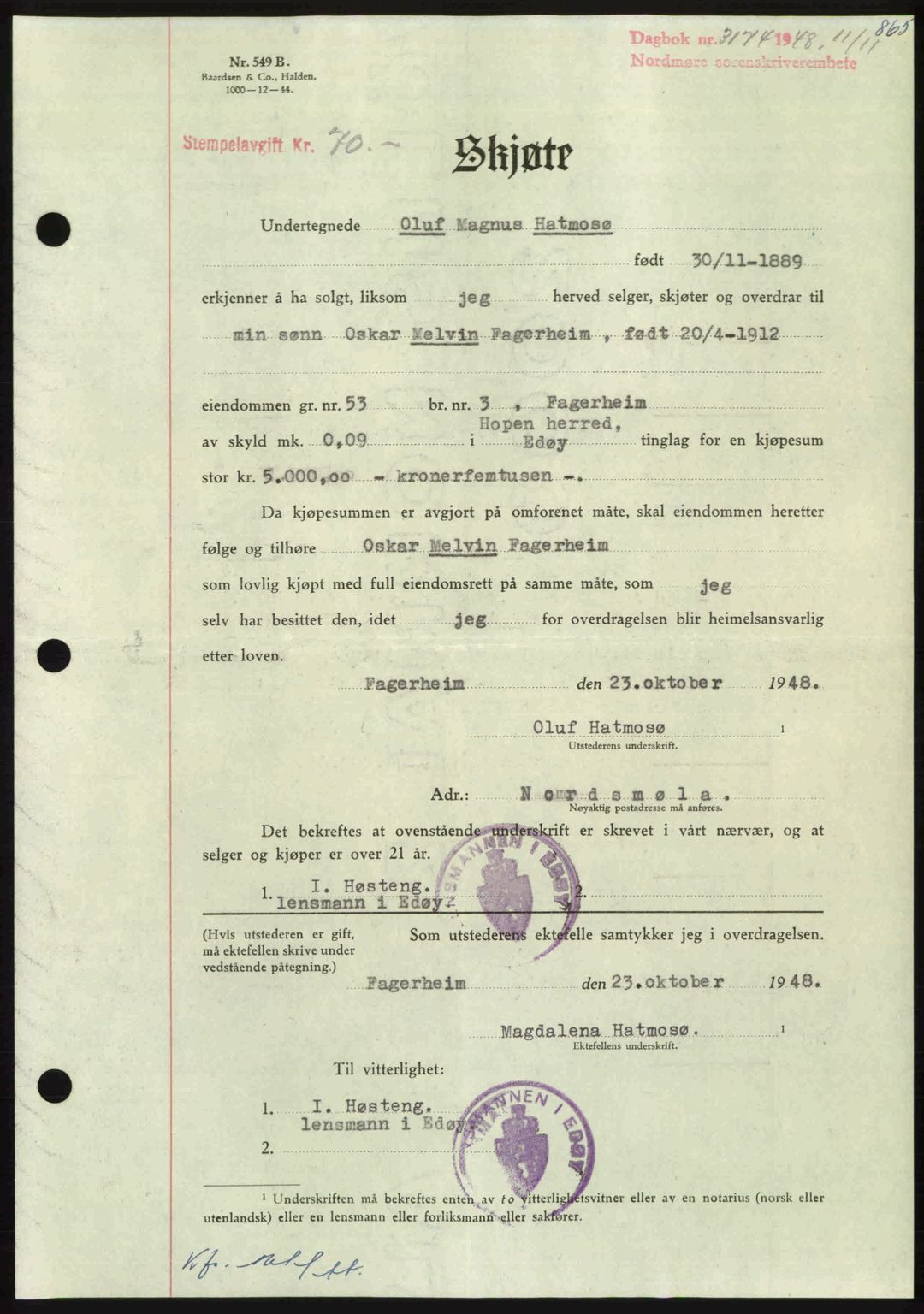 Nordmøre sorenskriveri, AV/SAT-A-4132/1/2/2Ca: Mortgage book no. A109, 1948-1948, Diary no: : 3174/1948