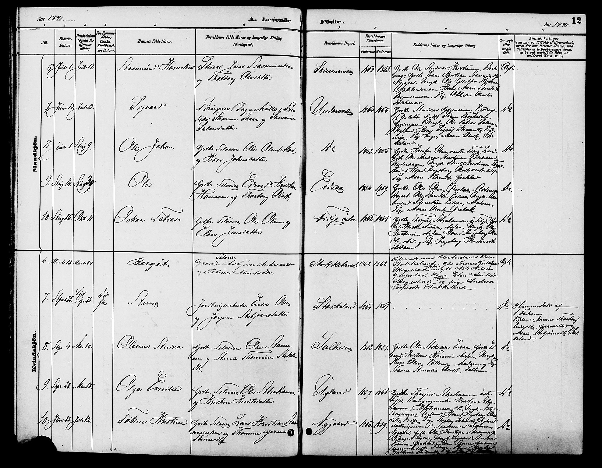 Søgne sokneprestkontor, SAK/1111-0037/F/Fb/Fba/L0004: Parish register (copy) no. B 4, 1888-1903, p. 12