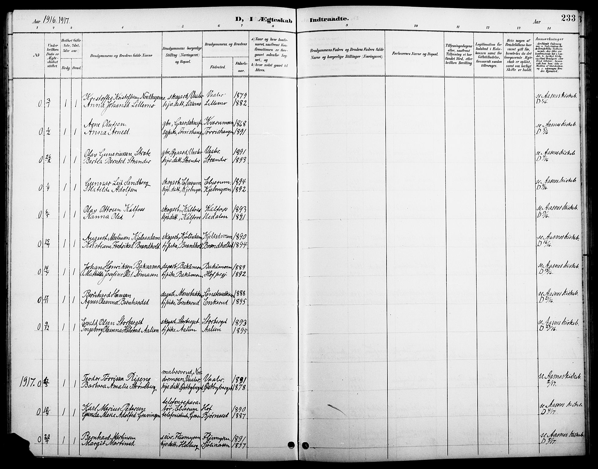 Åsnes prestekontor, AV/SAH-PREST-042/H/Ha/Hab/L0005: Parish register (copy) no. 5, 1895-1920, p. 233