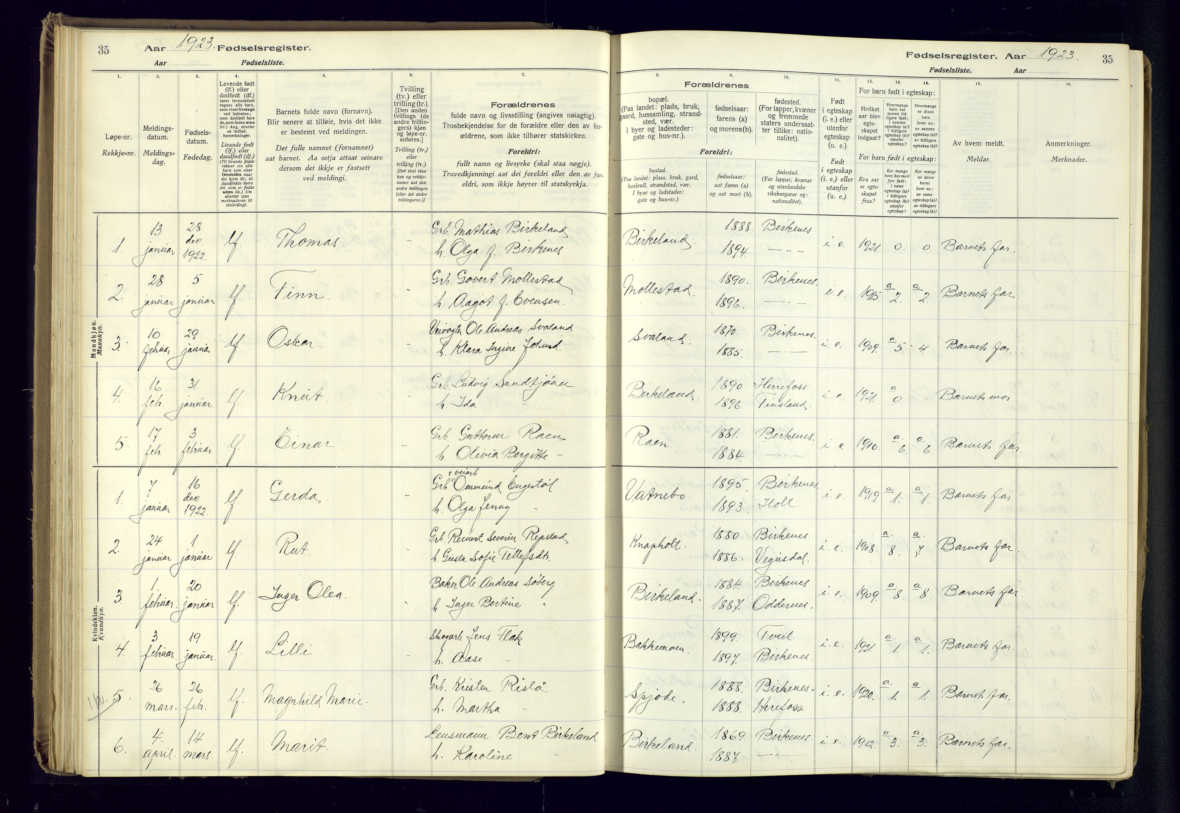 Birkenes sokneprestkontor, AV/SAK-1111-0004/J/Ja/L0001: Birth register no. II.6.4, 1916-1962, p. 35