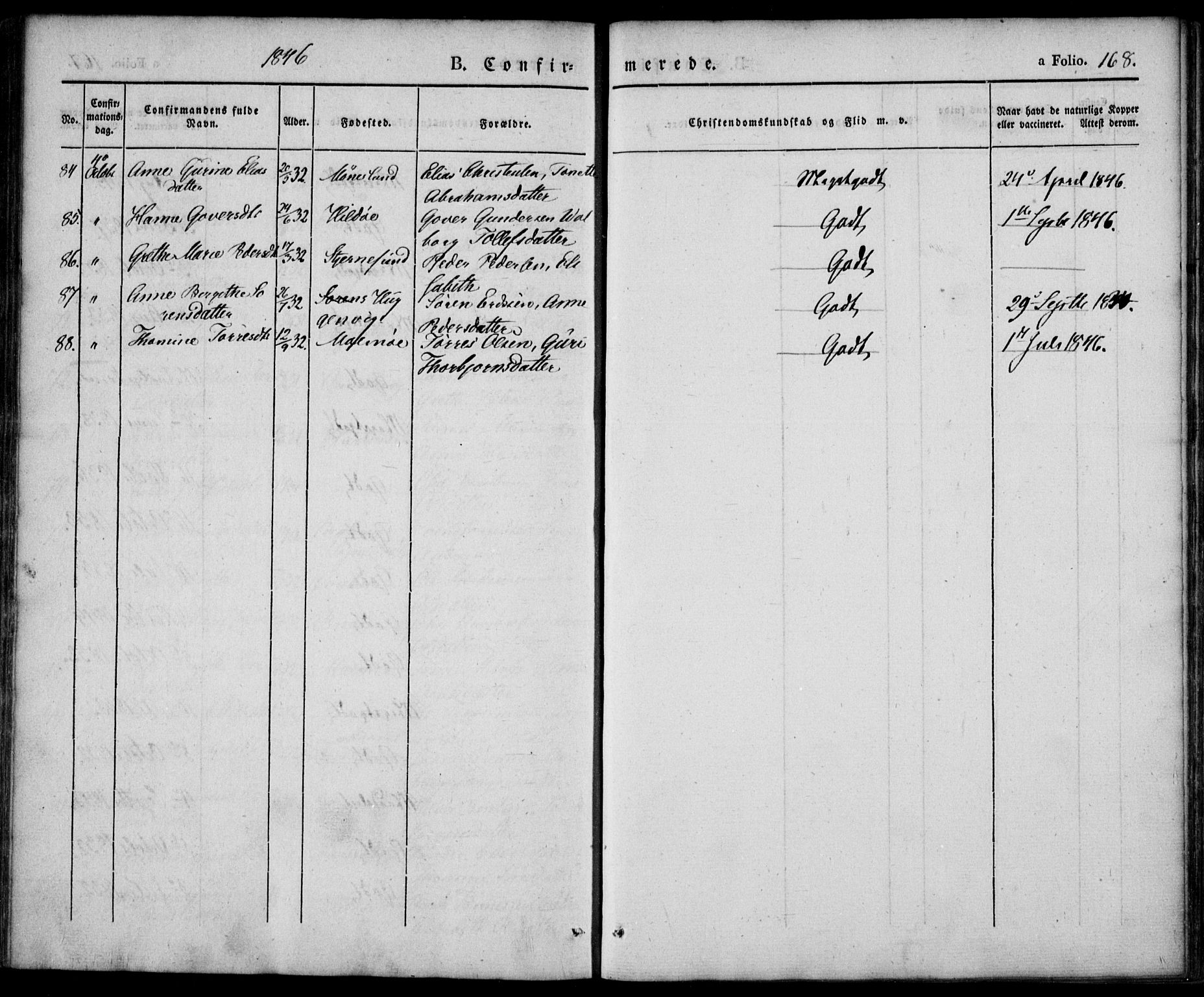 Mandal sokneprestkontor, AV/SAK-1111-0030/F/Fa/Faa/L0012: Parish register (official) no. A 12, 1840-1847, p. 168