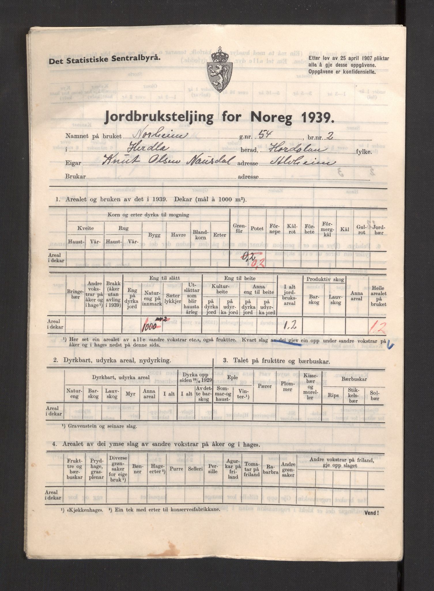 Statistisk sentralbyrå, Næringsøkonomiske emner, Jordbruk, skogbruk, jakt, fiske og fangst, AV/RA-S-2234/G/Gb/L0211: Hordaland: Herdla, Hjelme og Manger, 1939, p. 3