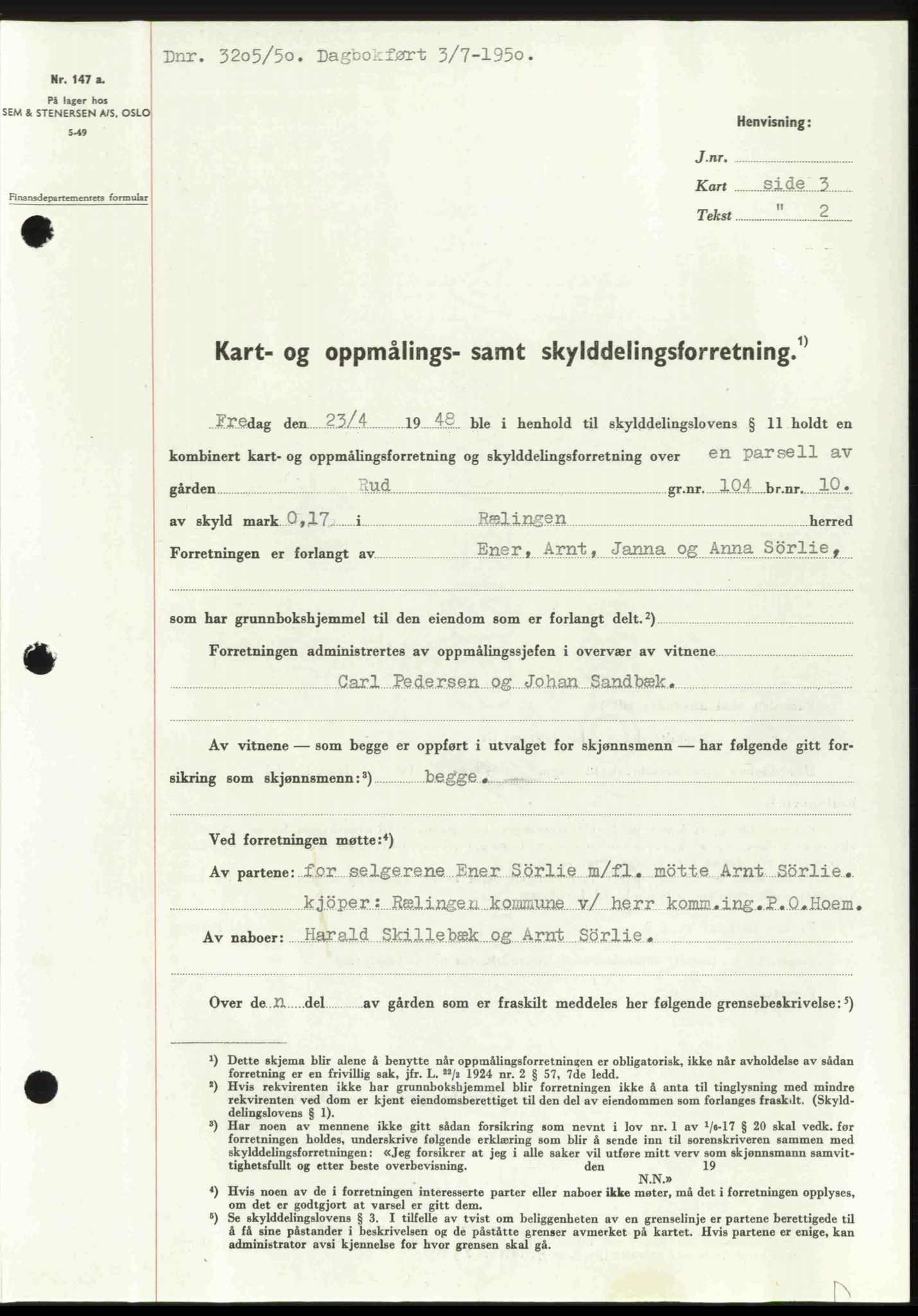 Nedre Romerike sorenskriveri, SAO/A-10469/G/Gb/Gbd/L0030: Mortgage book no. 30, 1950-1950, Diary no: : 3205/1950