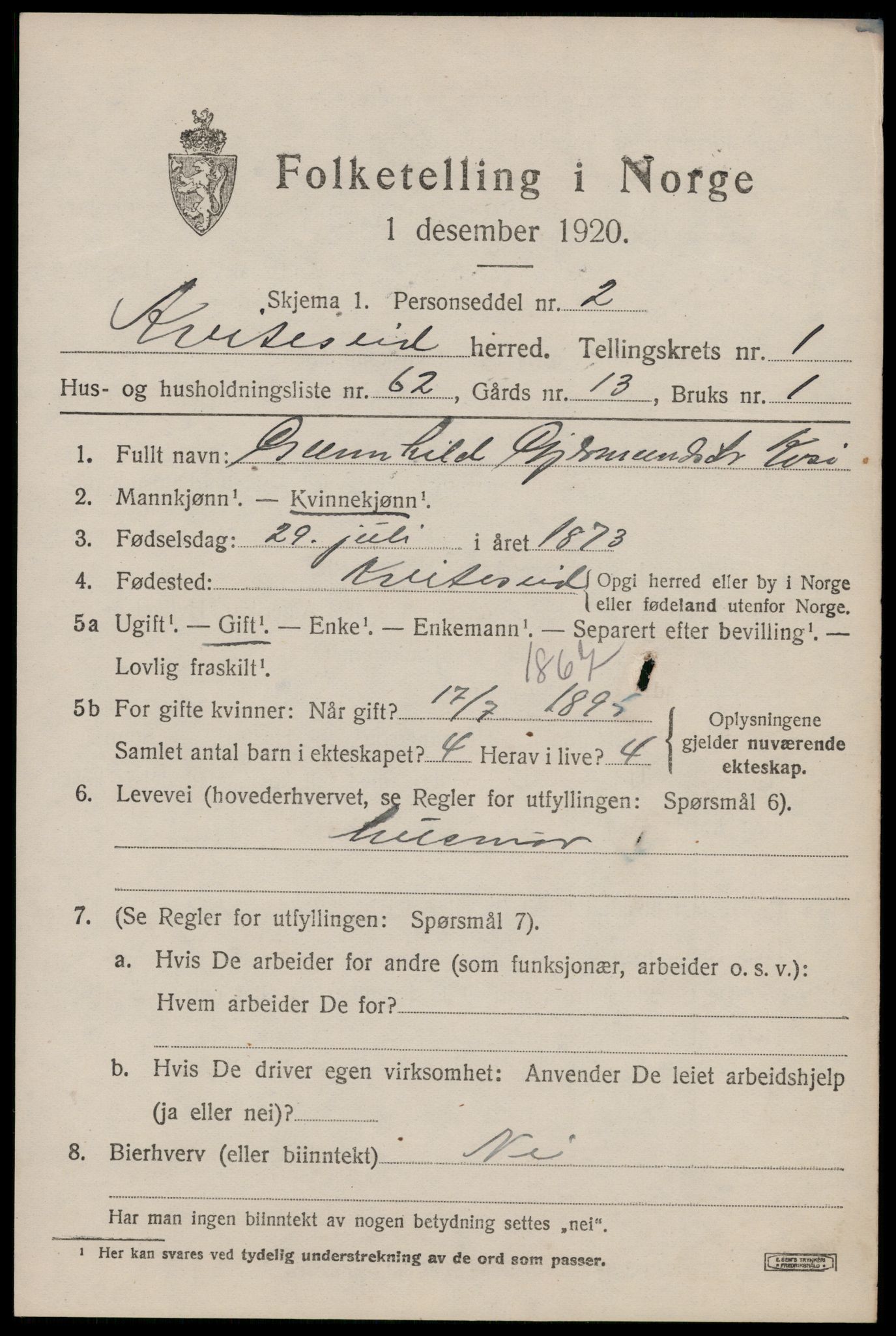 SAKO, 1920 census for Kviteseid, 1920, p. 2069